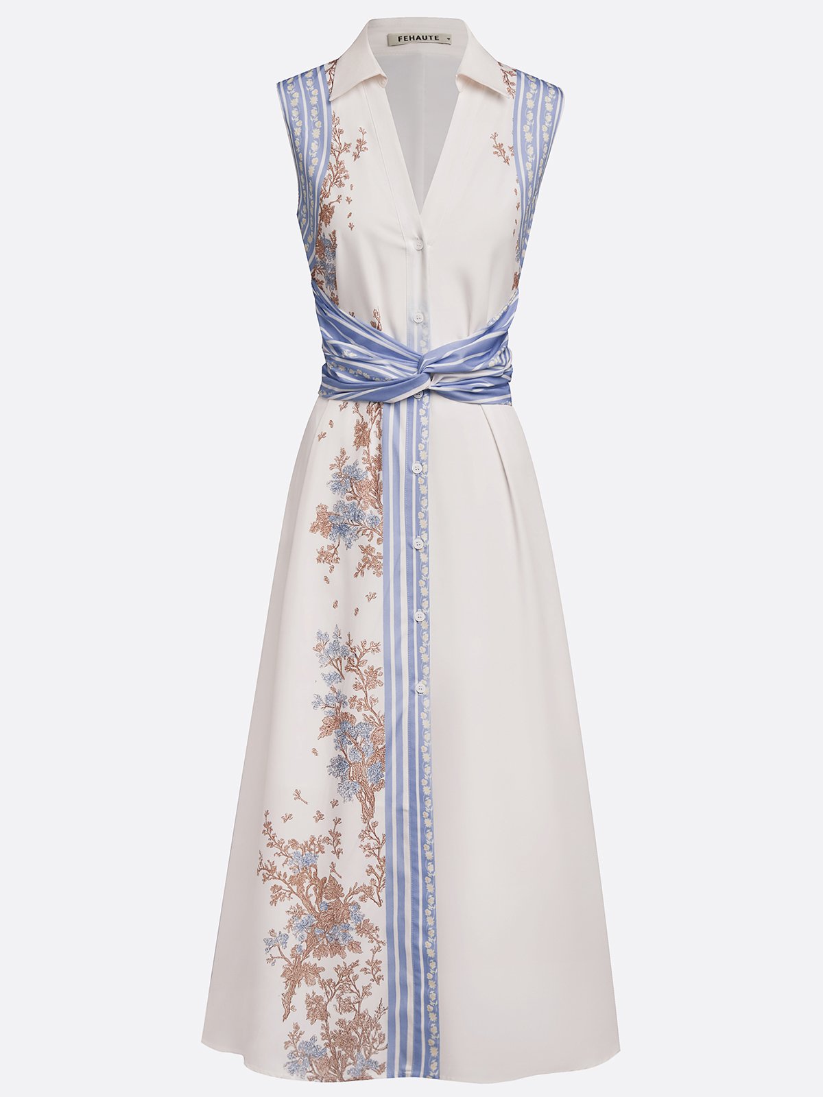 Blue Buckle Knot Front Shirt Dress Shirt Collar Sleeveless A-Line Maxi Dress