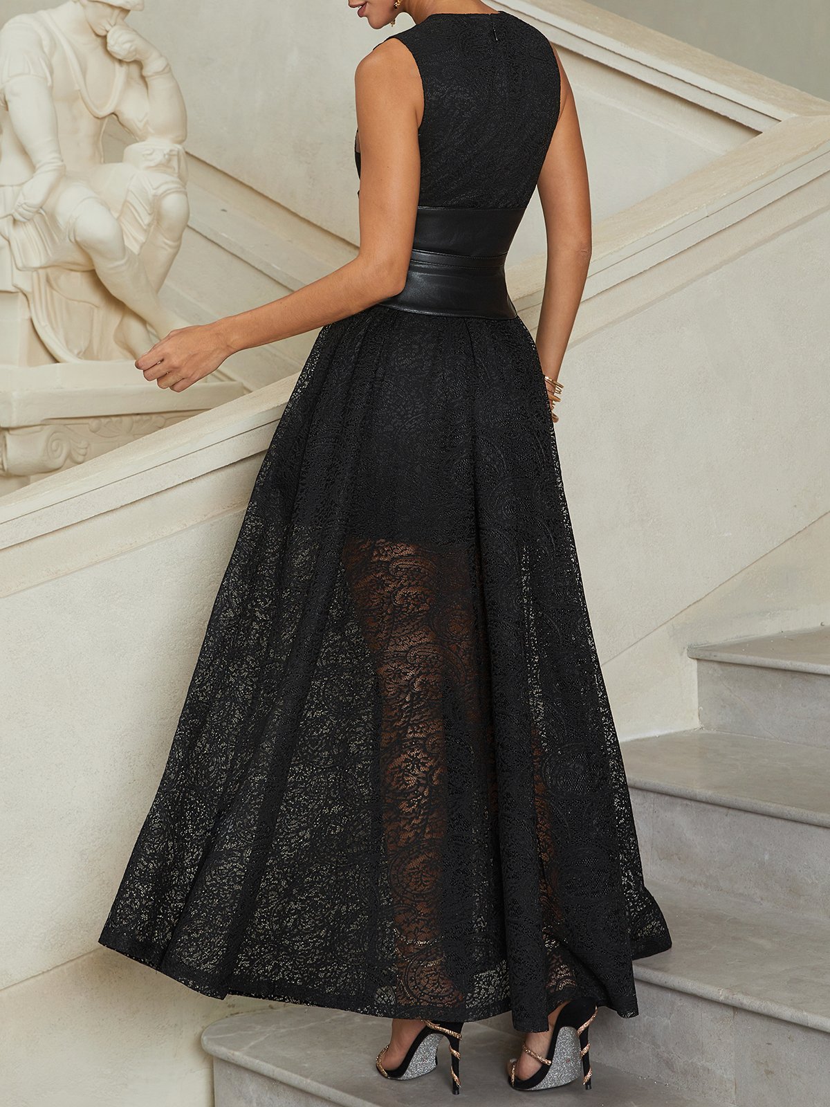 Black Lace Hollow Out Cotton Crew Neck Sleeveless A-Line Maxi Dress With Belt