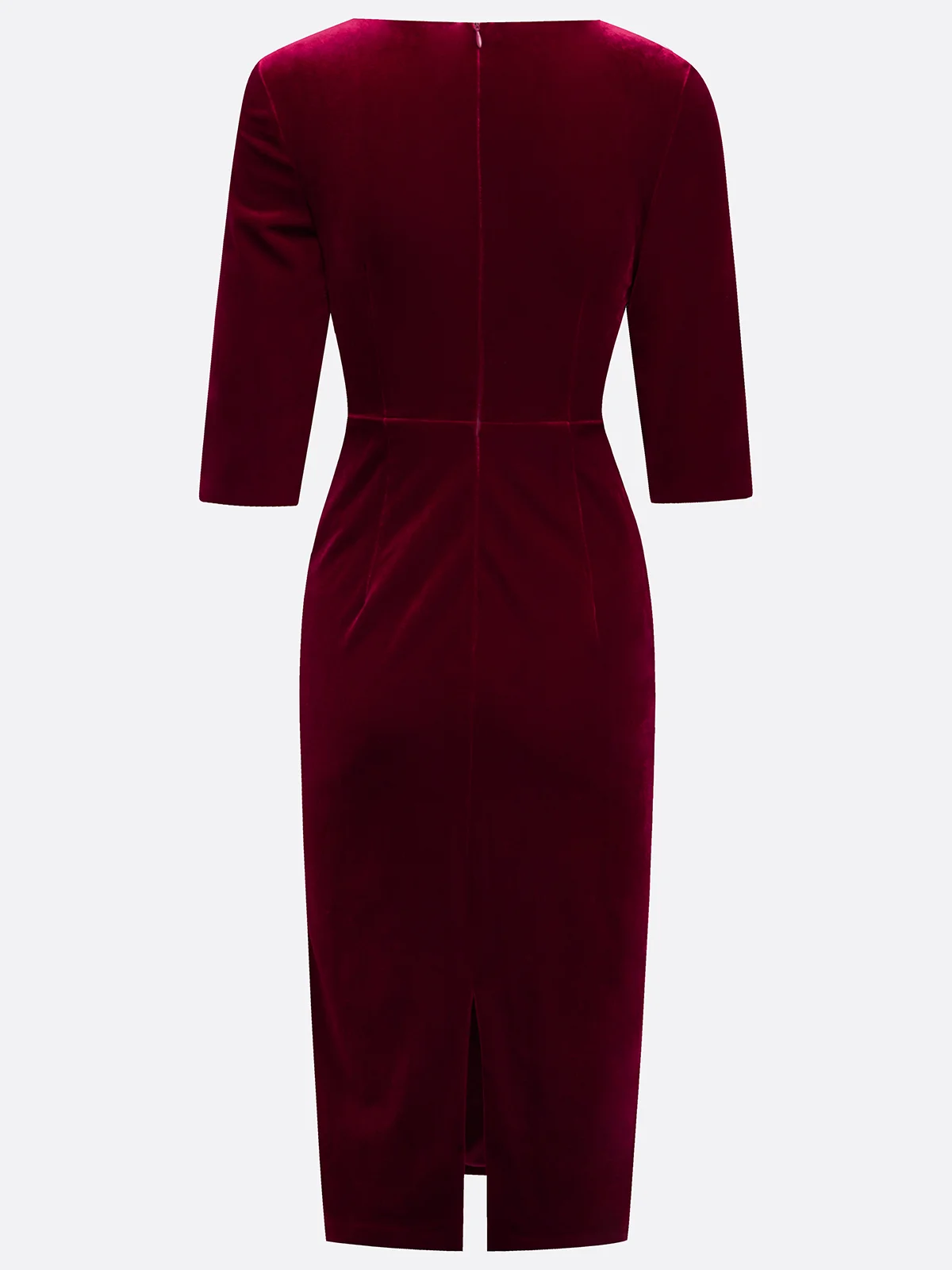 Wine Red Imitation Pearls Velvet Boat Neck Half Sleeve Sheath Midi Dress