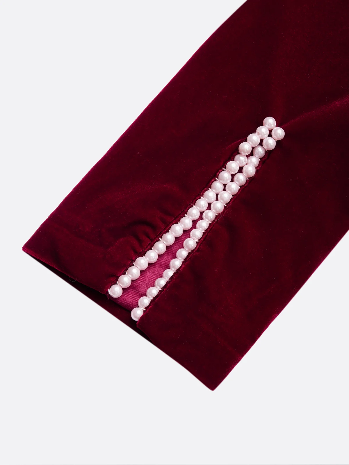 Wine Red Imitation Pearls Velvet Boat Neck Half Sleeve Sheath Midi Dress