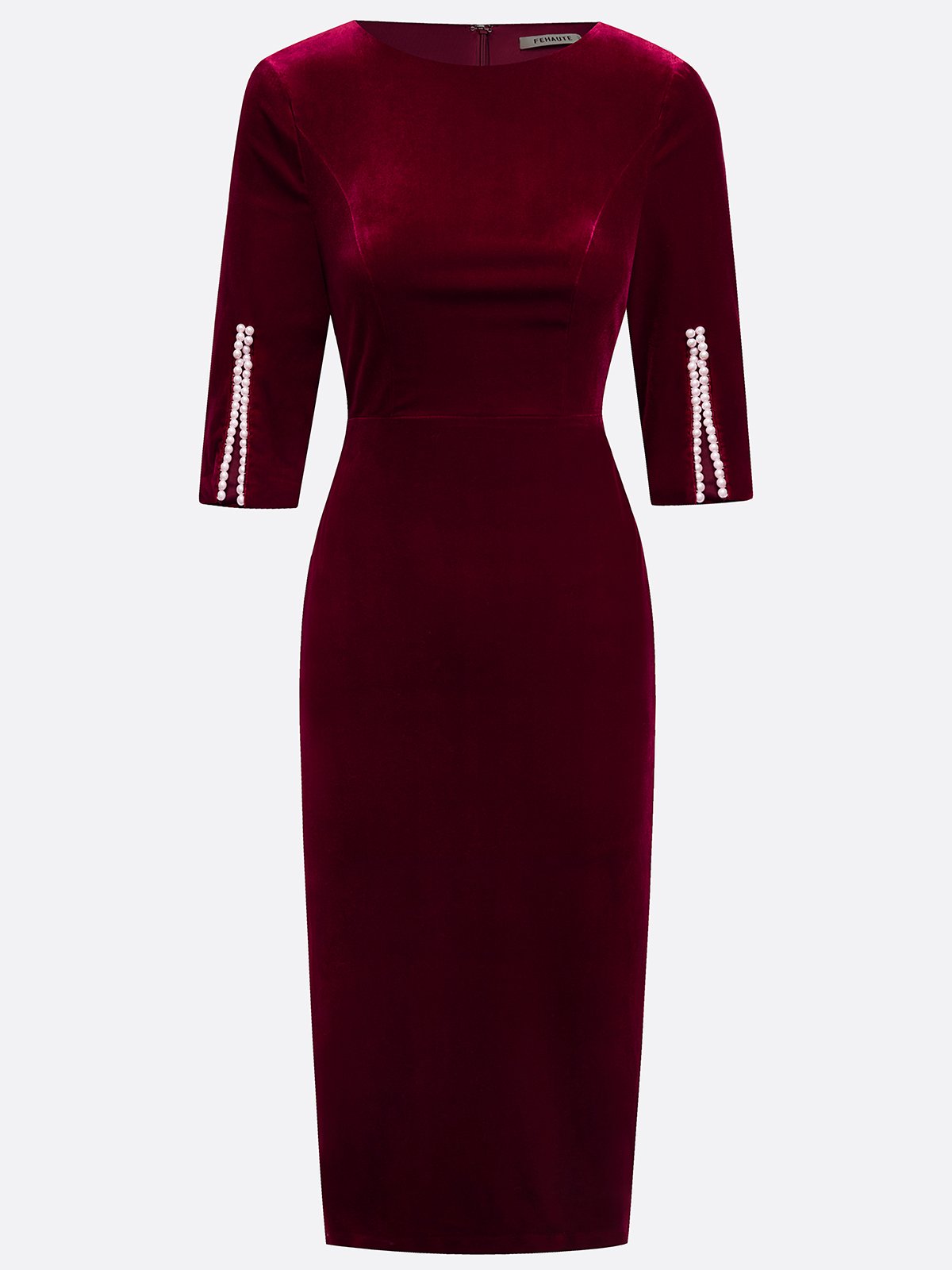 Wine Red Imitation Pearls Velvet Boat Neck Half Sleeve Sheath Midi Dress