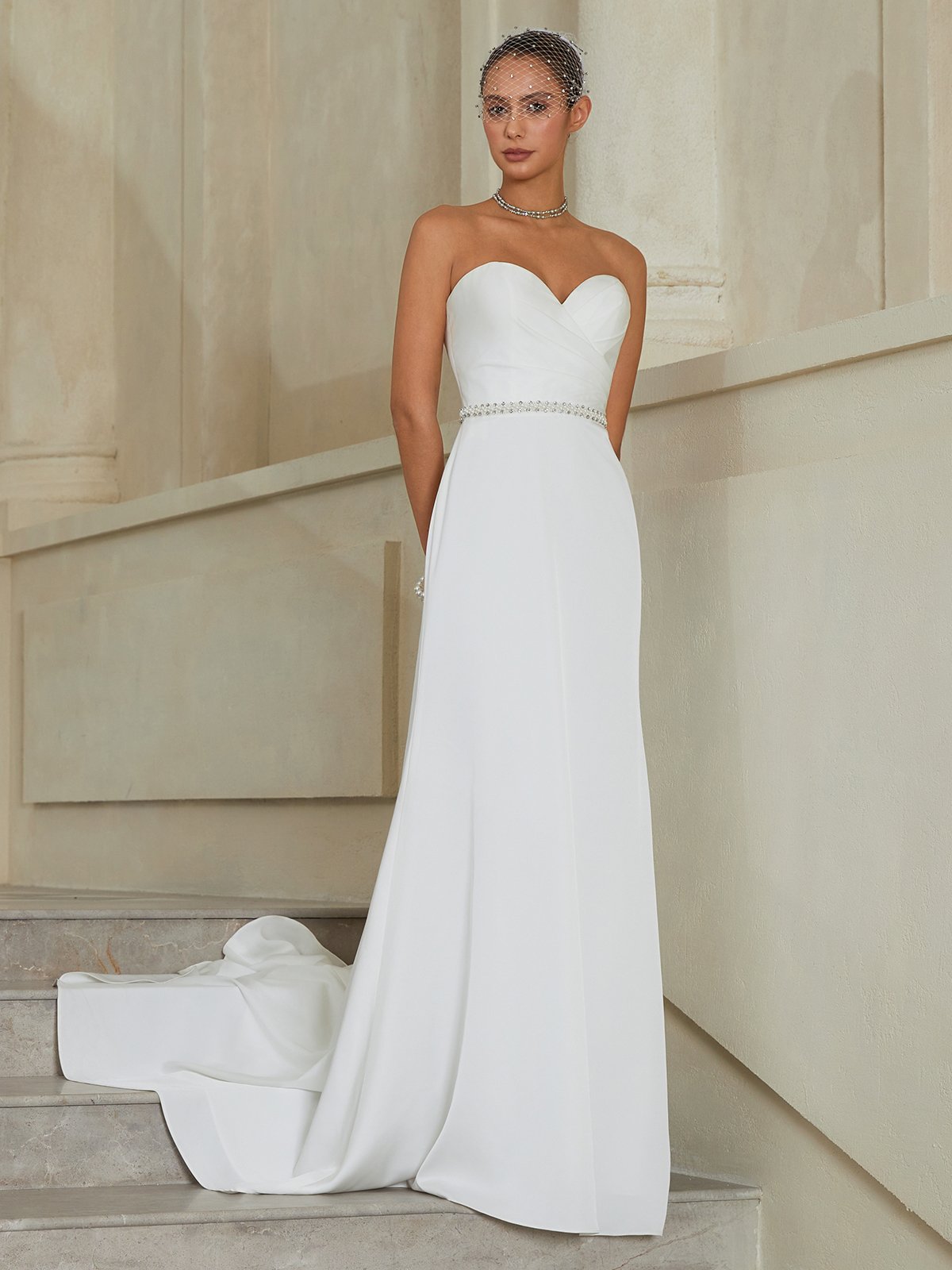 White Beaded Bridal/Wedding Dress Strapless Sleeveless A-Line Gown Dress