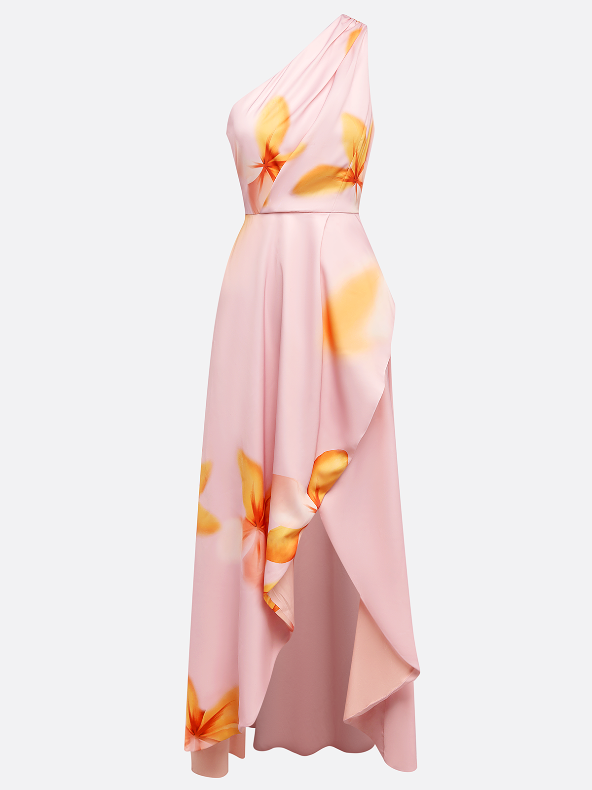 Orange Pink Floral One-Shoulder Slit A-Line Gown