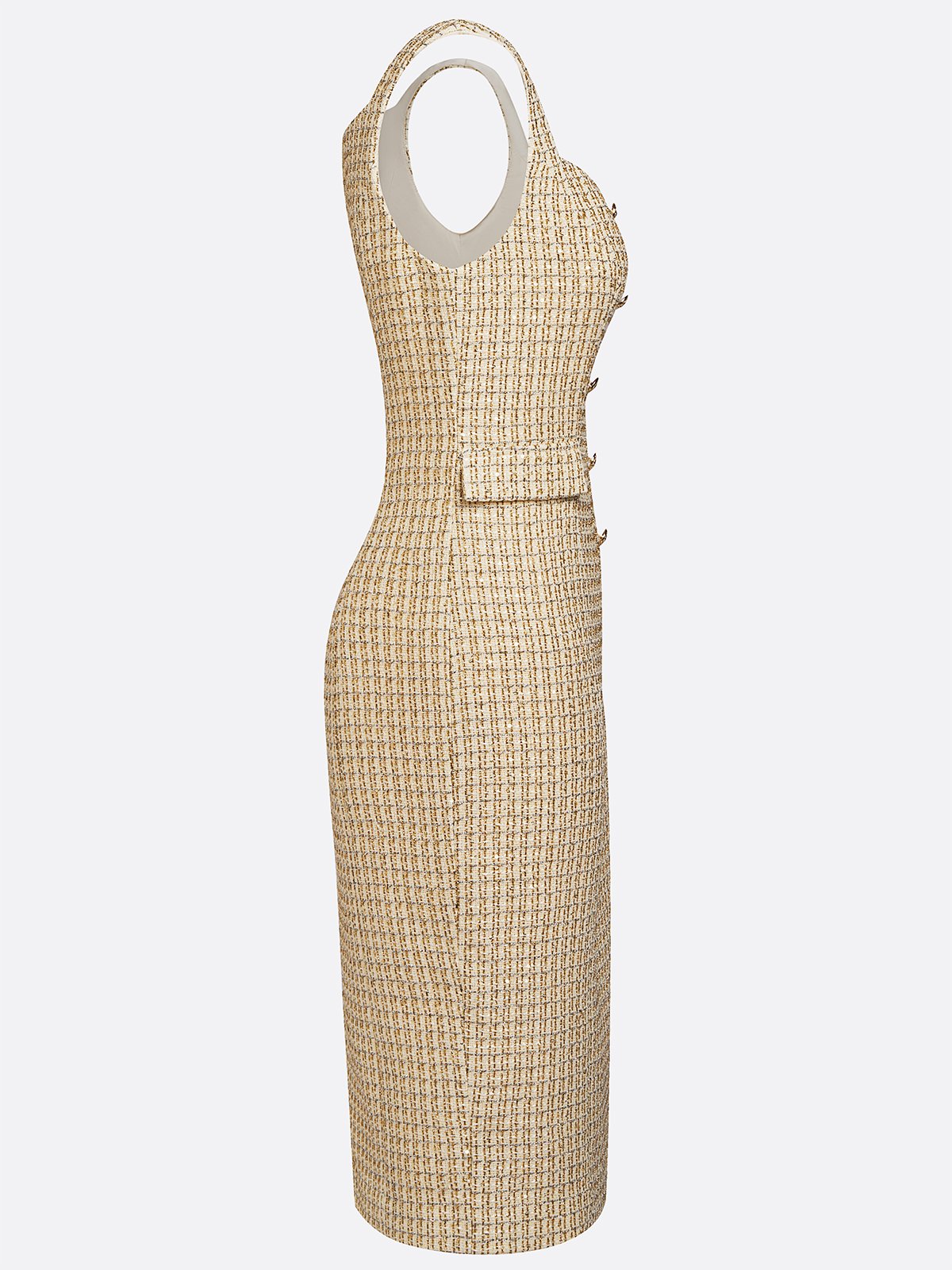 Golden Buckle Pocket Stitching Tweed Spaghetti Sleeveless Sheath Midi Dress