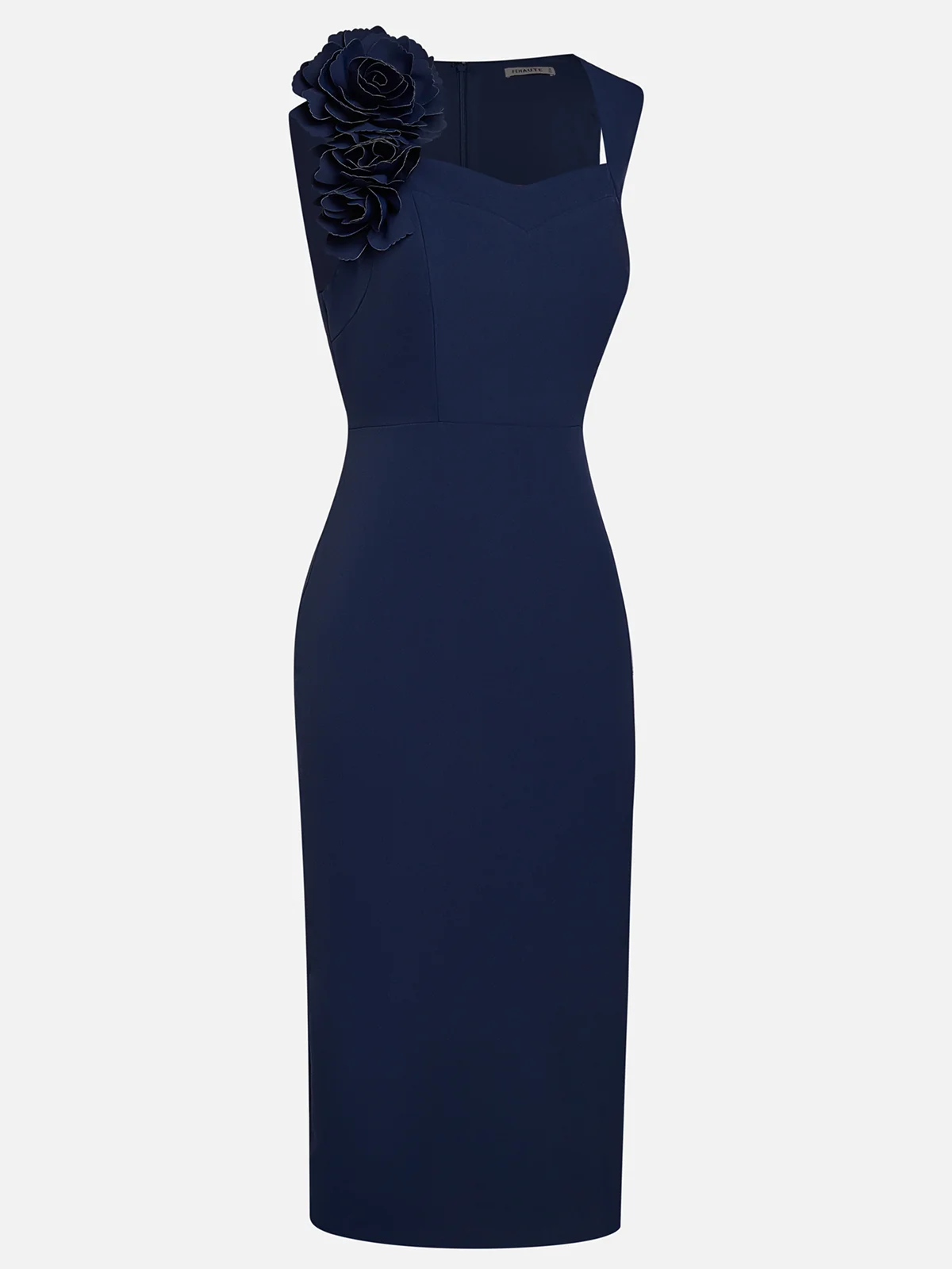 Blue 3D Floral Classic Sweetheart Neckline Sleeveless Sheath Midi Dress