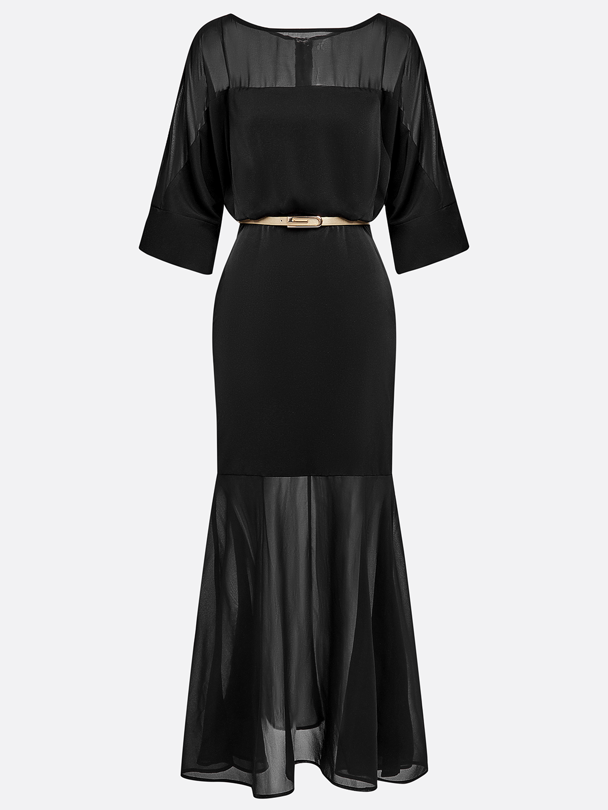 Black Split Joint Chiffon Boat Neck Half Sleeve Mermaid Maxi Dress