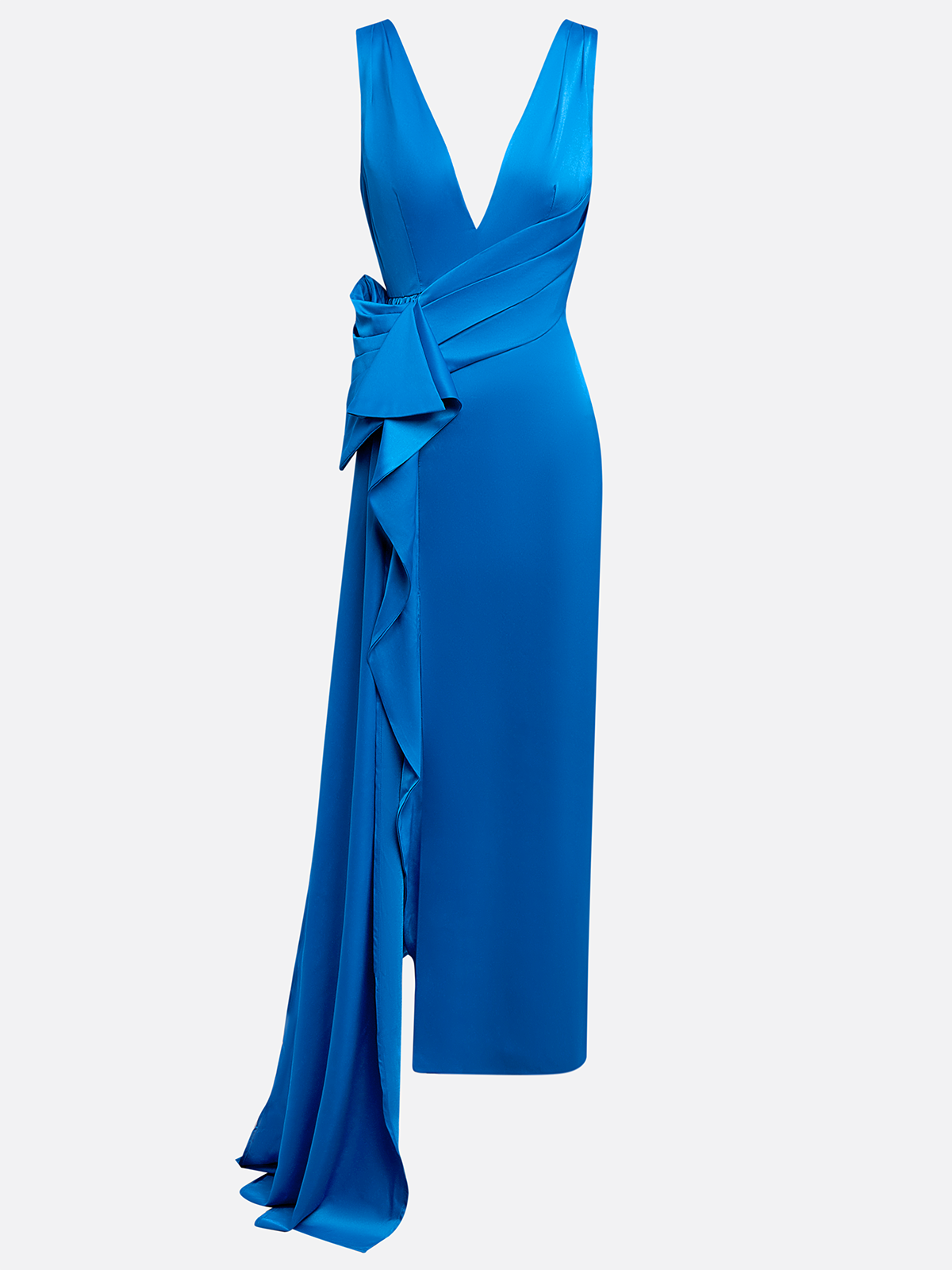 Blue Bow Asymmetric Satin V Neck Sleeveless A-Line Maxi Dress