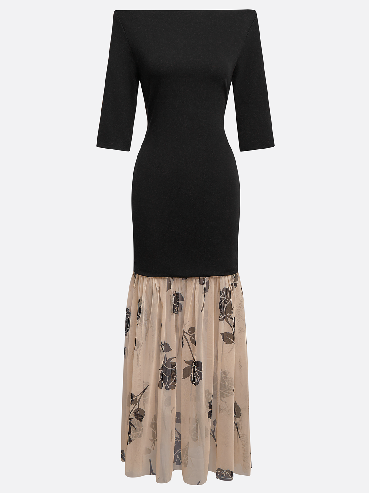 Black Floral Rose Knit Off The Shoulder Half Sleeve Off Shoulder Sleeve Mermaid Maxi Dress