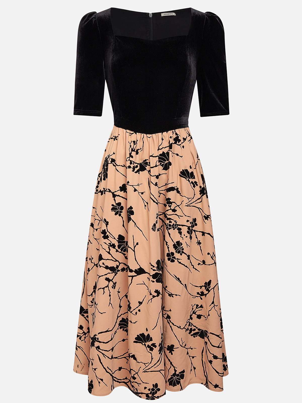 Khaki Floral Velvet Sweetheart Neckline Half Sleeve A-Line Midi Dress