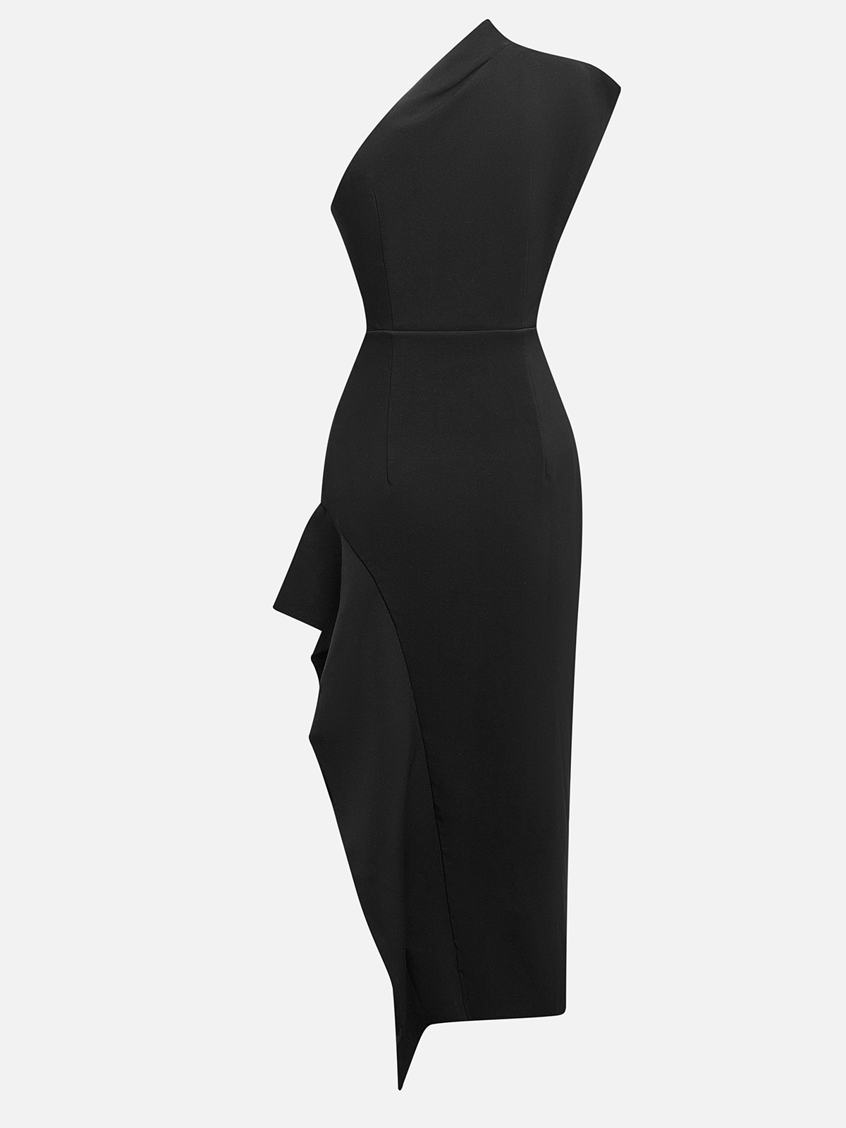 Black Asymmetrical Ruched One-Shoulder Slit A-Line Midi Dress