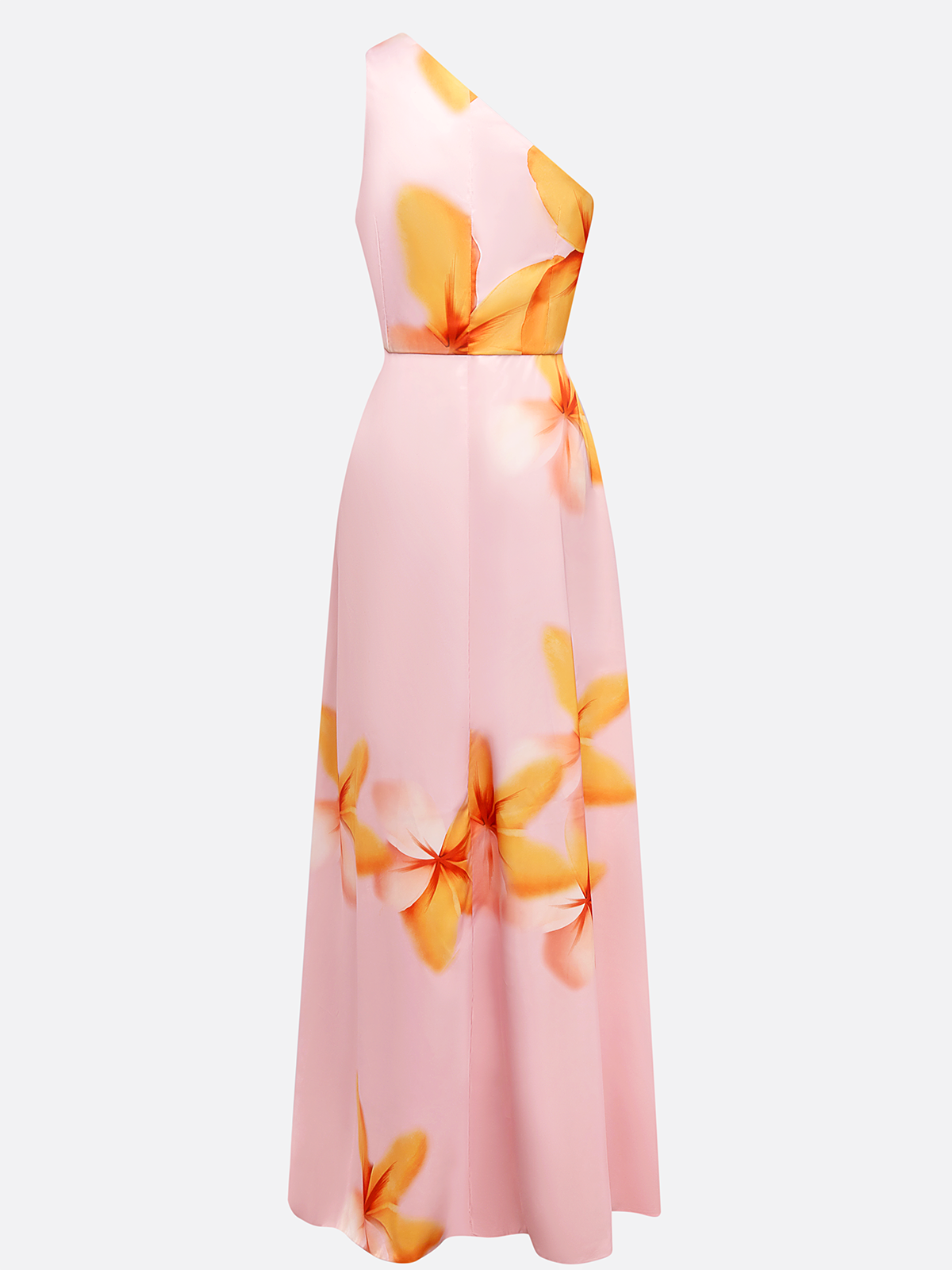 Orange Pink Floral One-Shoulder Slit A-Line Gown