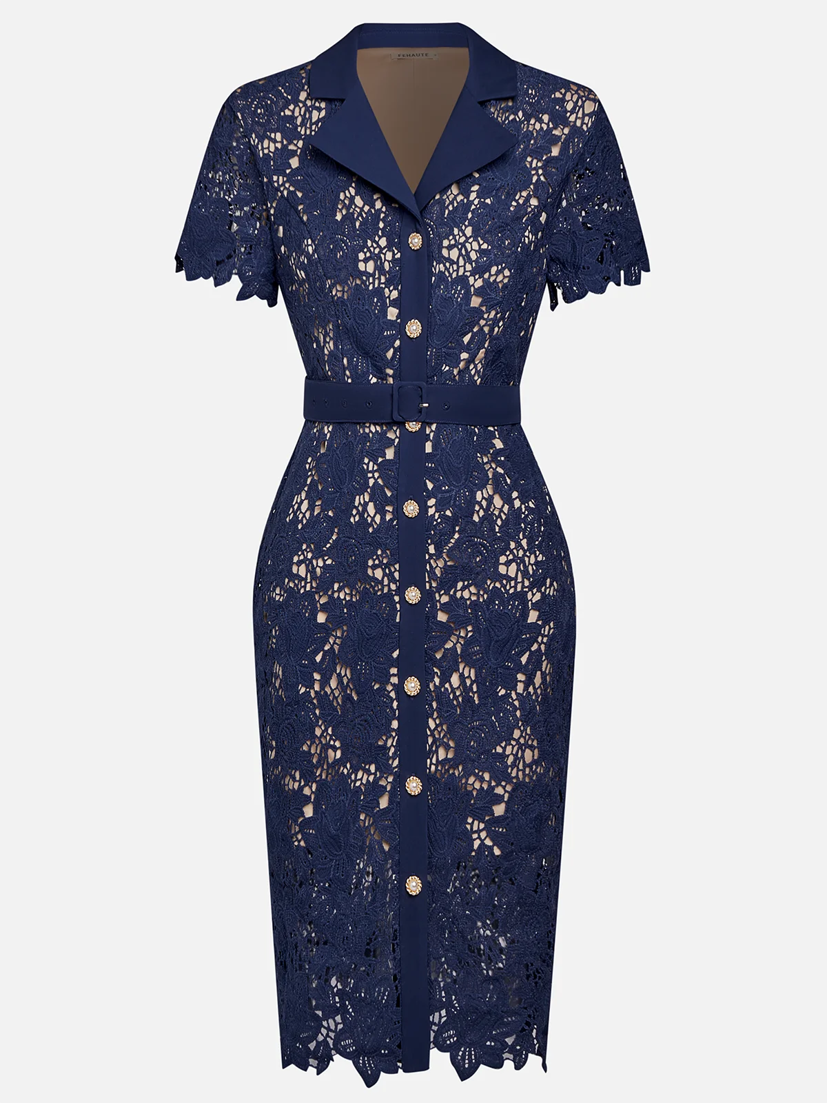 Royal Blue Buckle Lace Lapel Collar Short Sleeve Sheath Midi Dress