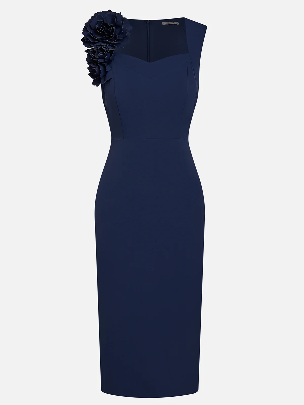 Blue 3D Floral Classic Sweetheart Neckline Sleeveless Sheath Midi Dress