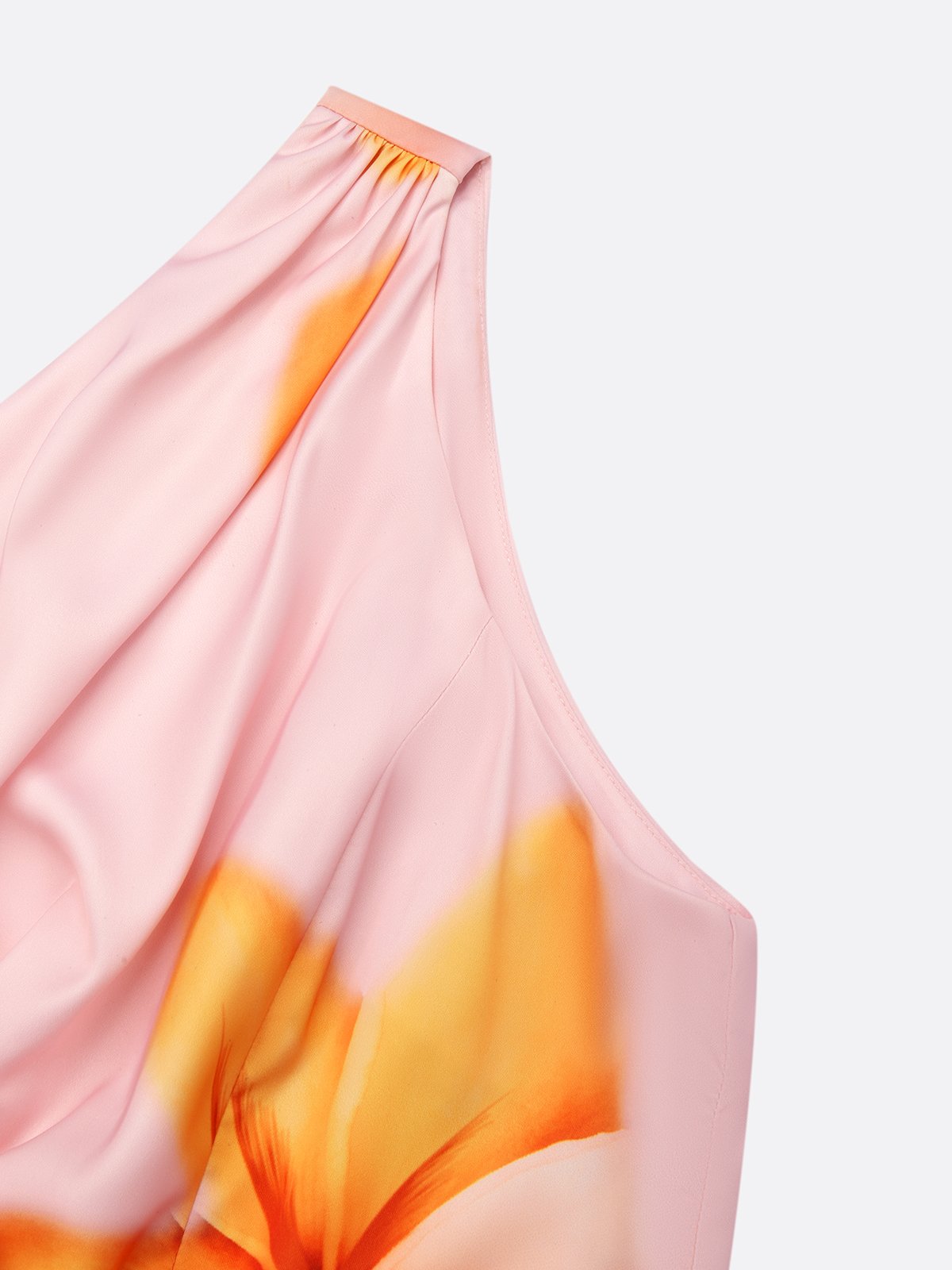 Orange Pink Floral One-Shoulder Slit A-Line Gown