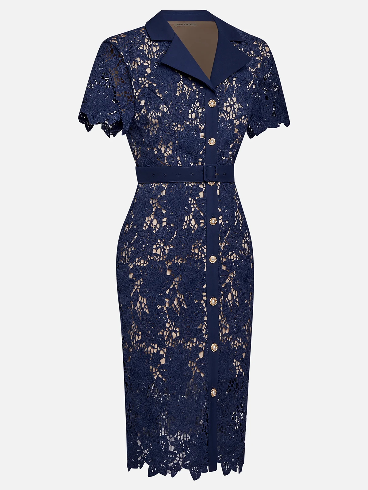 Royal Blue Buckle Lace Lapel Collar Short Sleeve Sheath Midi Dress