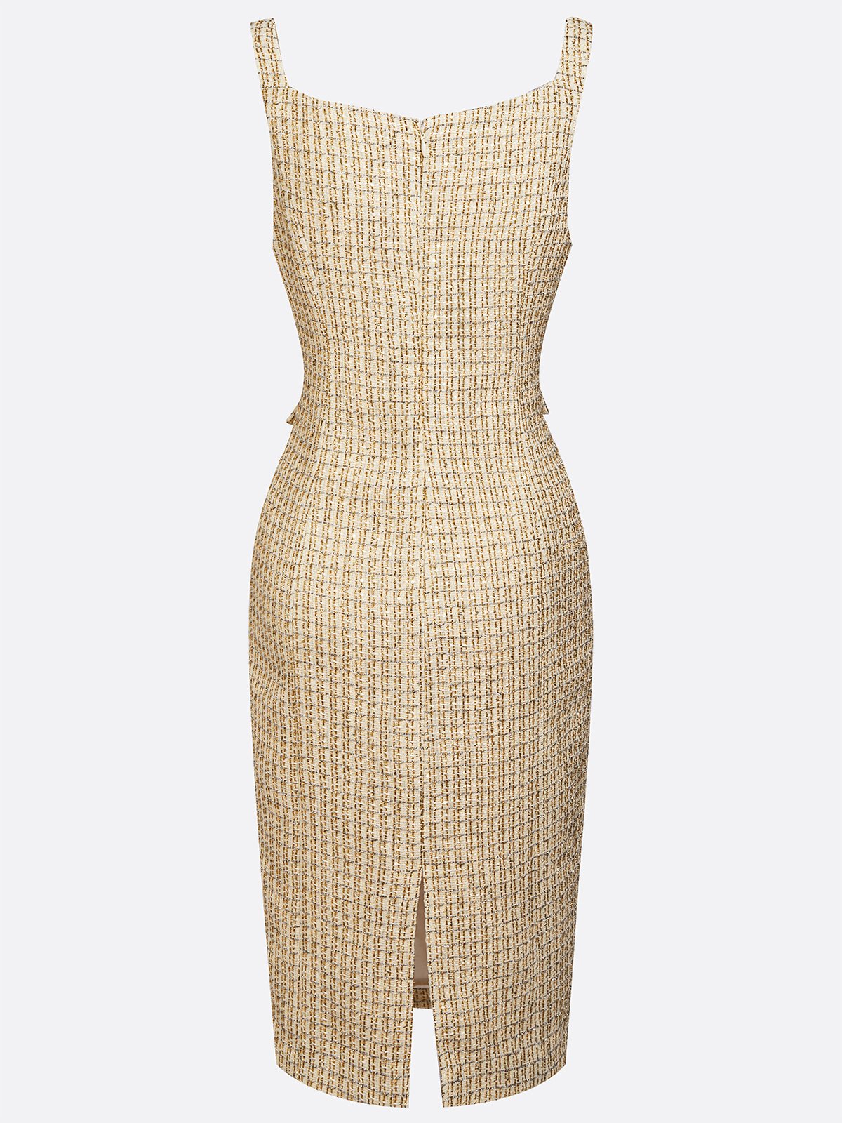 Golden Buckle Pocket Stitching Tweed Spaghetti Sleeveless Sheath Midi Dress