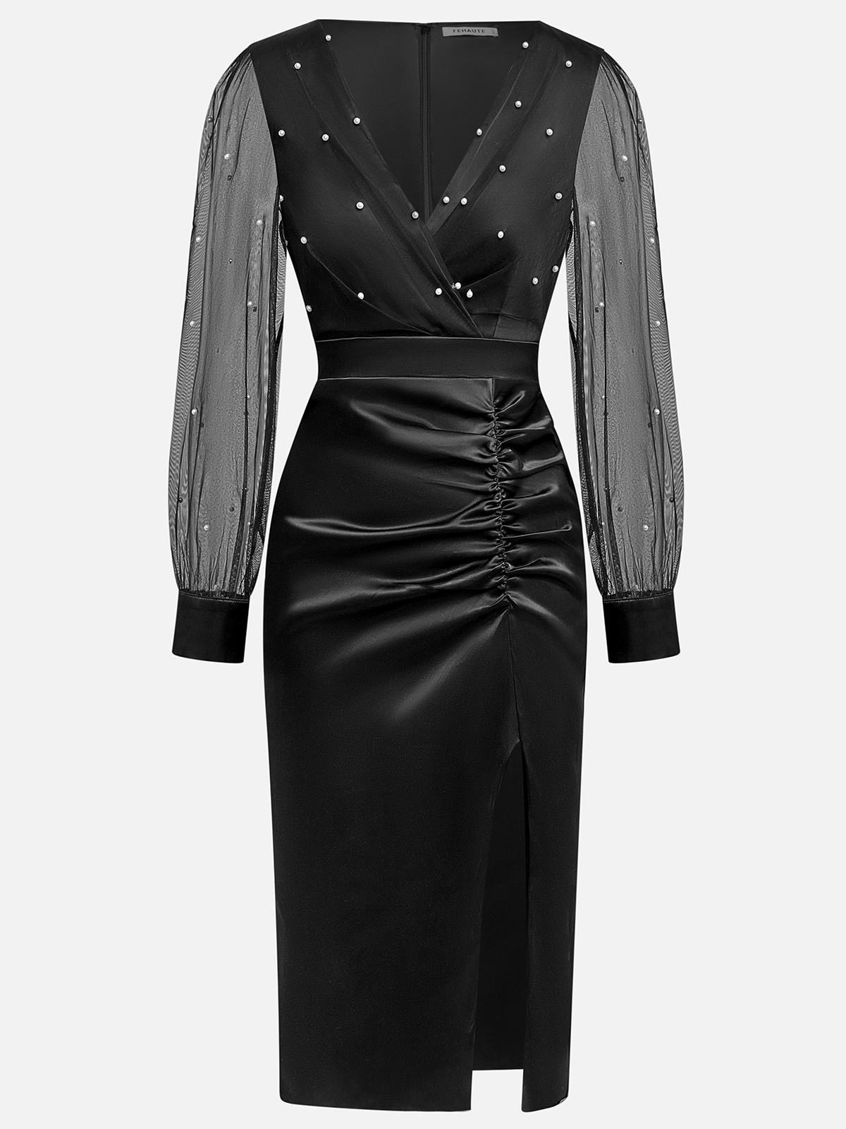 Black Beaded Slit Satin V Neck Long Sleeve Balloon Sleeve Sheath Midi Dress