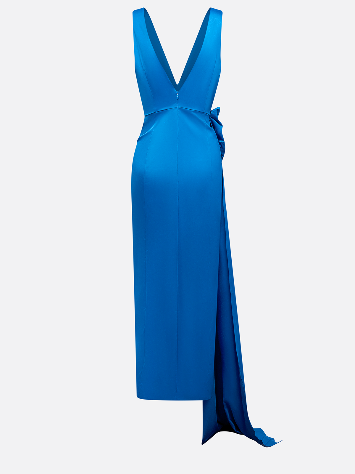Blue Bow Asymmetric Satin V Neck Sleeveless A-Line Maxi Dress