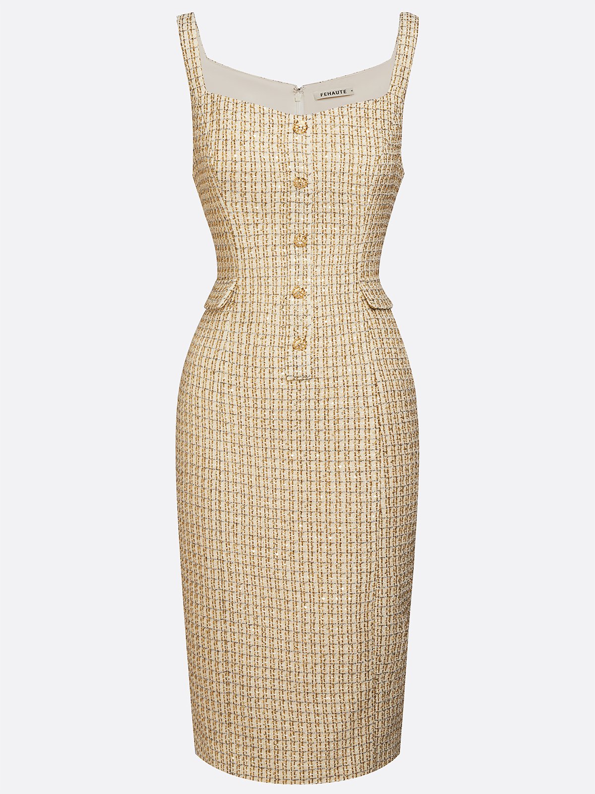 Golden Buckle Pocket Stitching Tweed Spaghetti Sleeveless Sheath Midi Dress