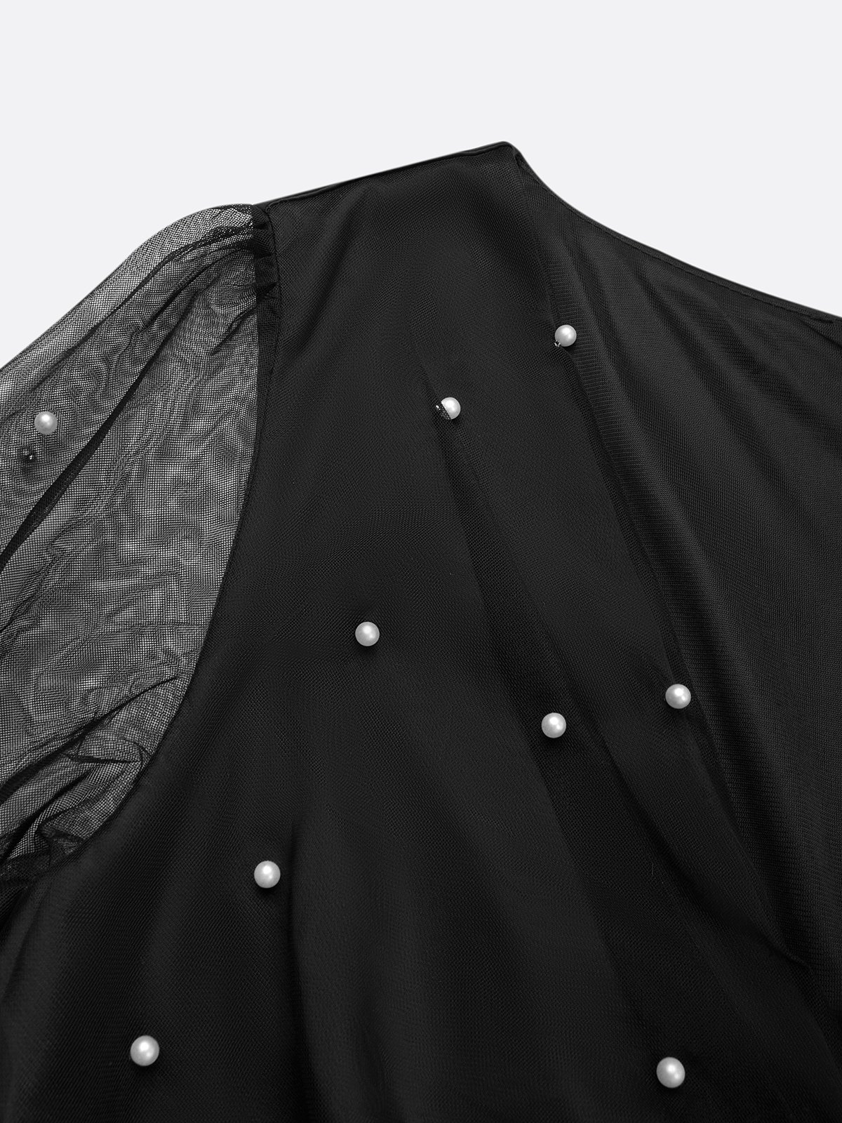 Black Beaded Slit Satin V Neck Long Sleeve Balloon Sleeve Sheath Midi Dress