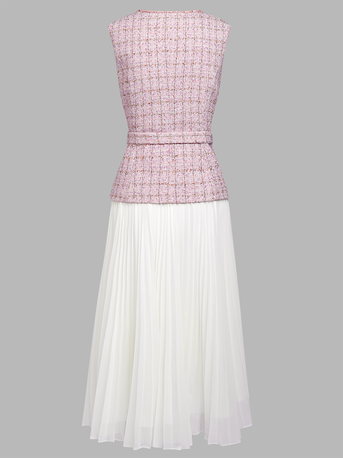 Women Pink Tweed Buckle Stitching Lace Crew Neck Sleeveless Dressy Coat With Skirt Two-Piece Set