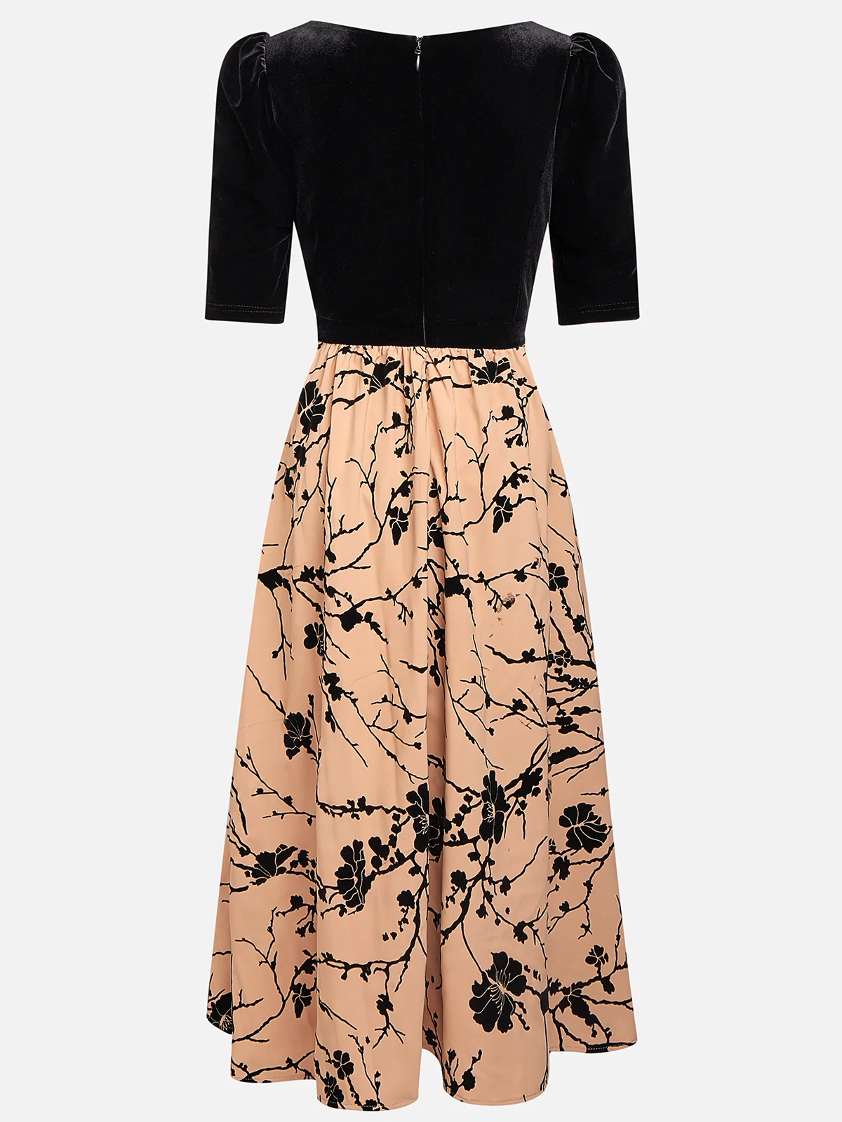 Khaki Floral Velvet Sweetheart Neckline Half Sleeve A-Line Midi Dress
