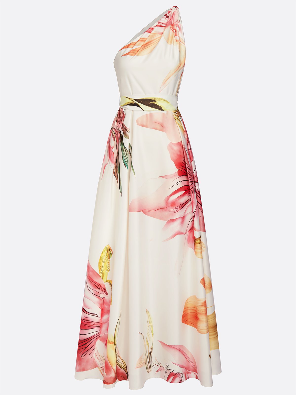 Pink Floral Satin One Shoulder Sleeveless A-Line Maxi Dress