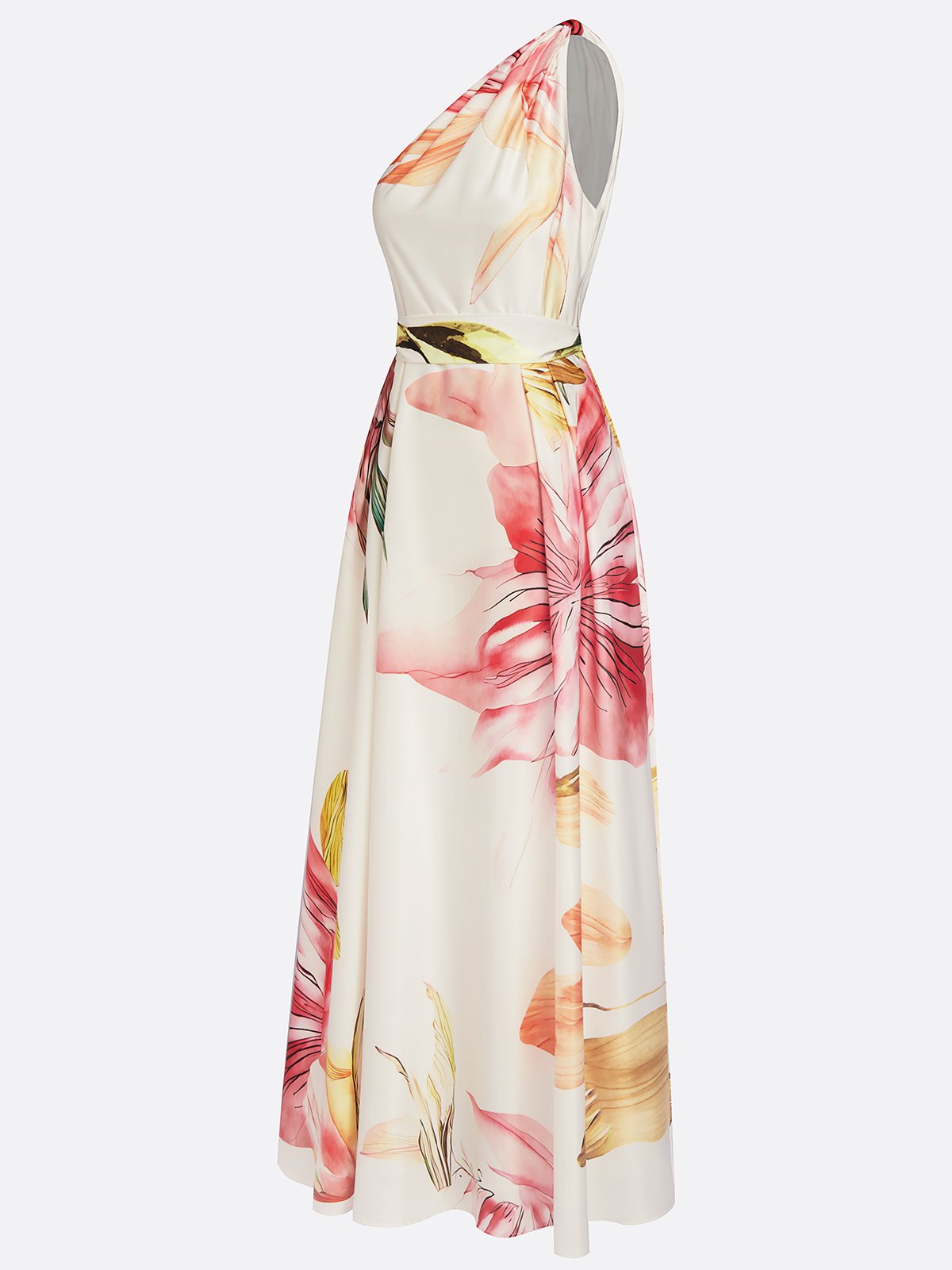Pink Floral Satin One Shoulder Sleeveless A-Line Maxi Dress