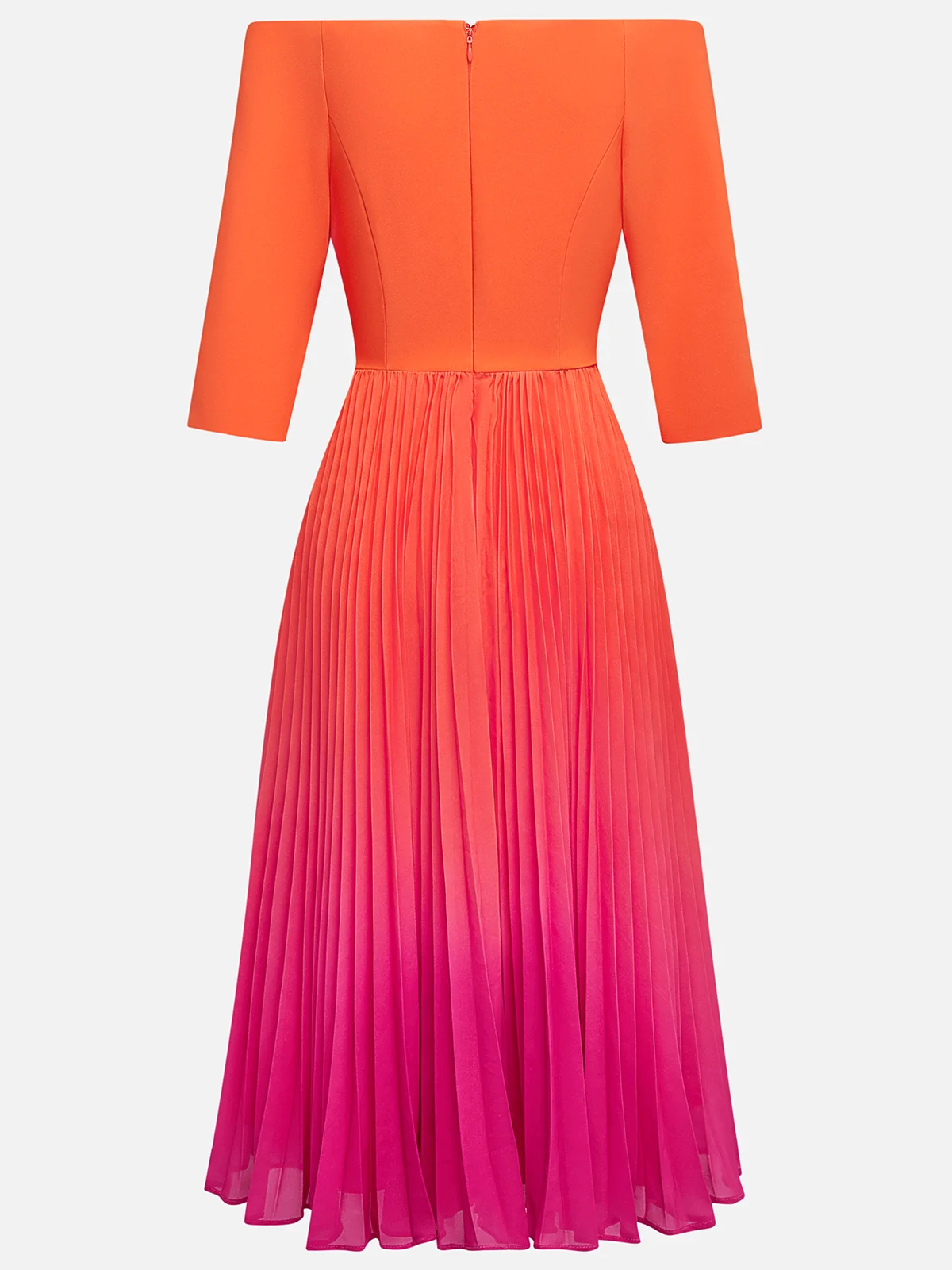Orange Pleated Ombre Classic Off The Shoulder Half Sleeve A-Line Midi Dress