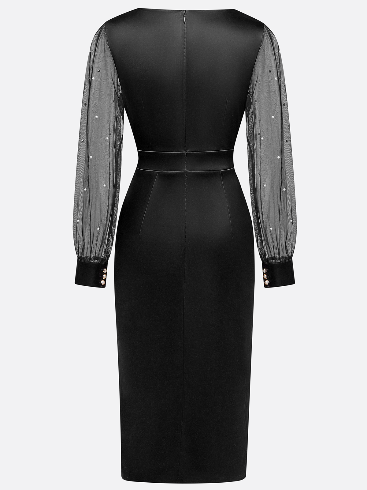 Black Beaded Slit Satin V Neck Long Sleeve Balloon Sleeve Sheath Midi Dress