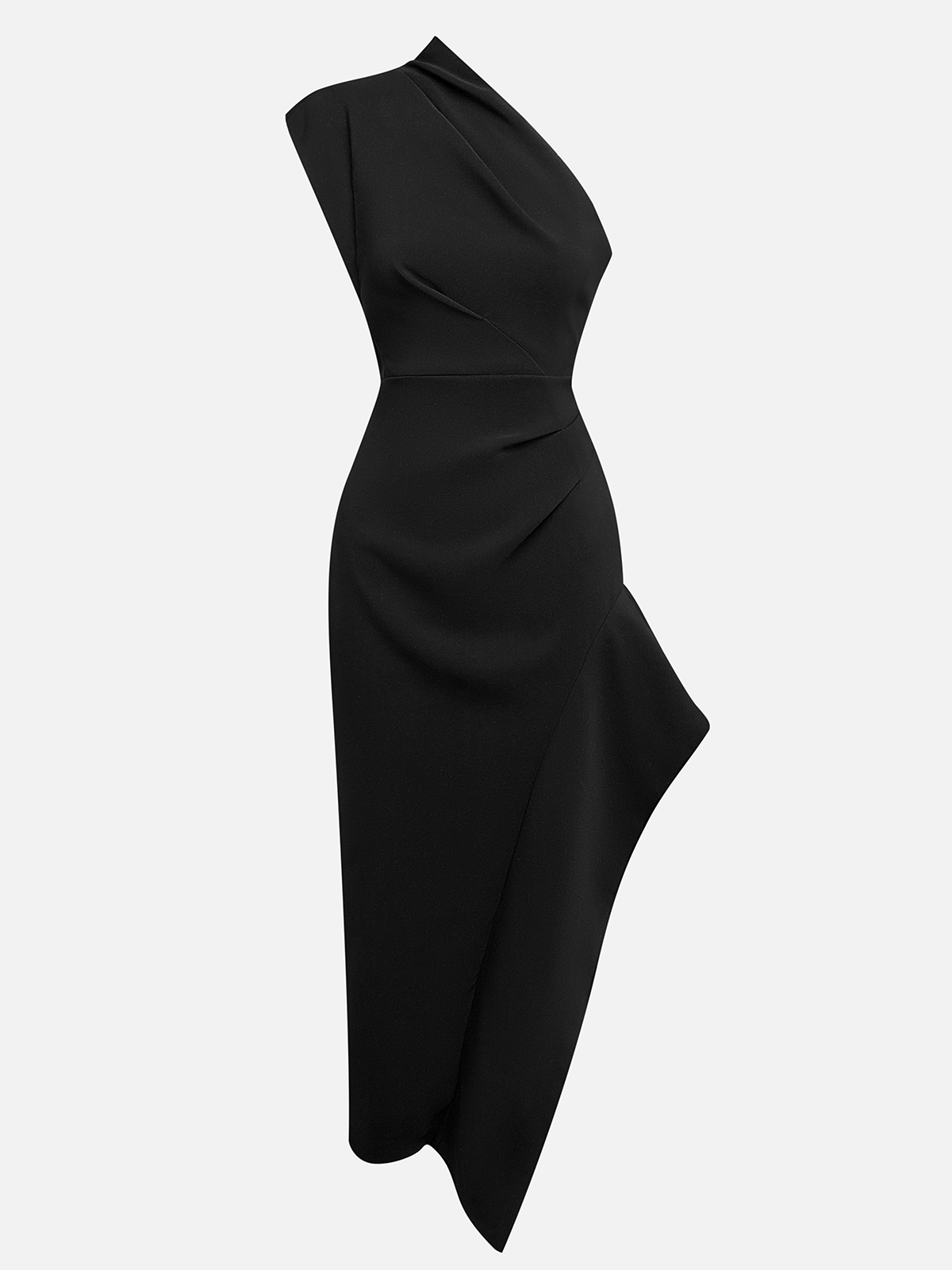 Black Asymmetrical Ruched One-Shoulder Slit A-Line Midi Dress