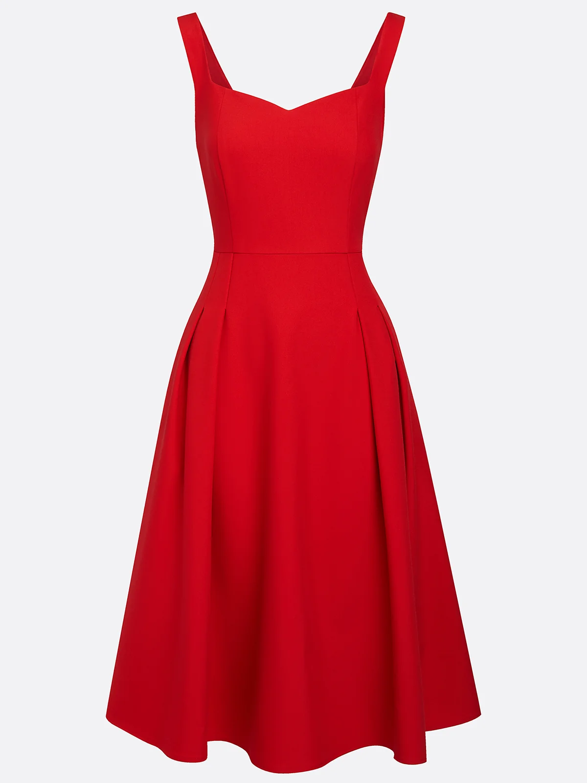 Red Pocket Stitching Classic Sweetheart Neckline Sleeveless A-Line Midi Dress