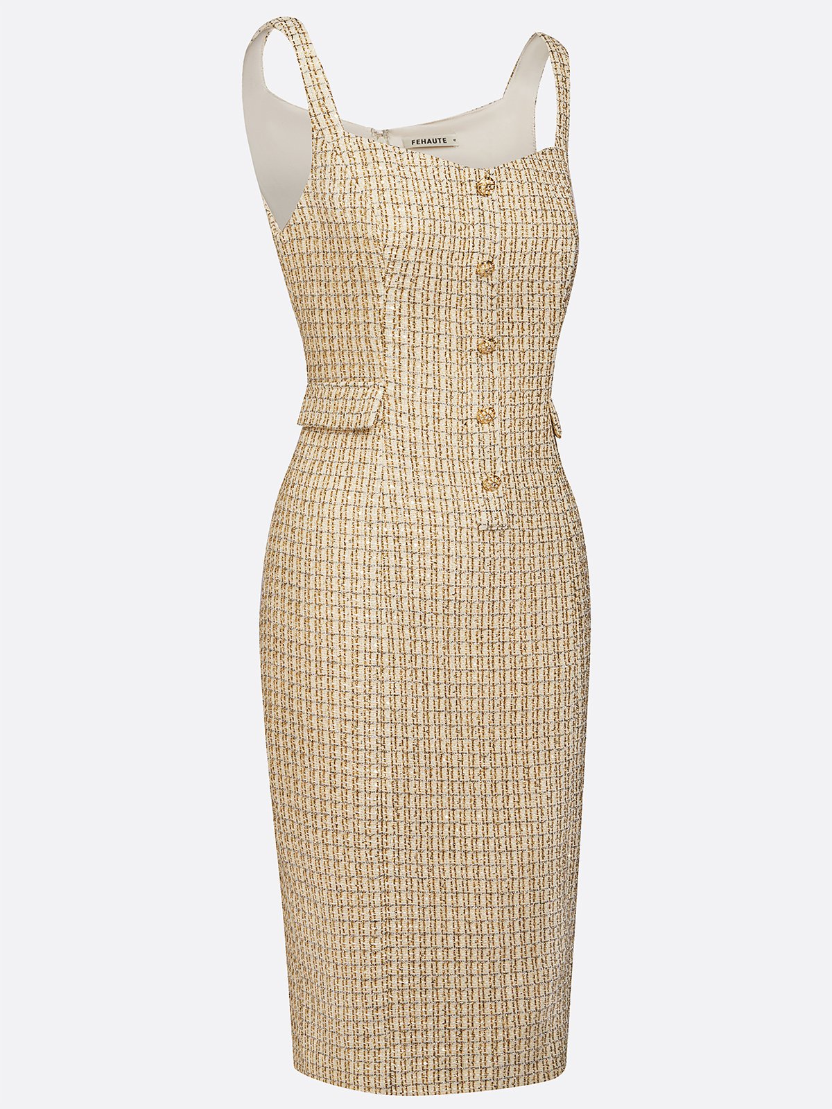 Golden Buckle Pocket Stitching Tweed Spaghetti Sleeveless Sheath Midi Dress