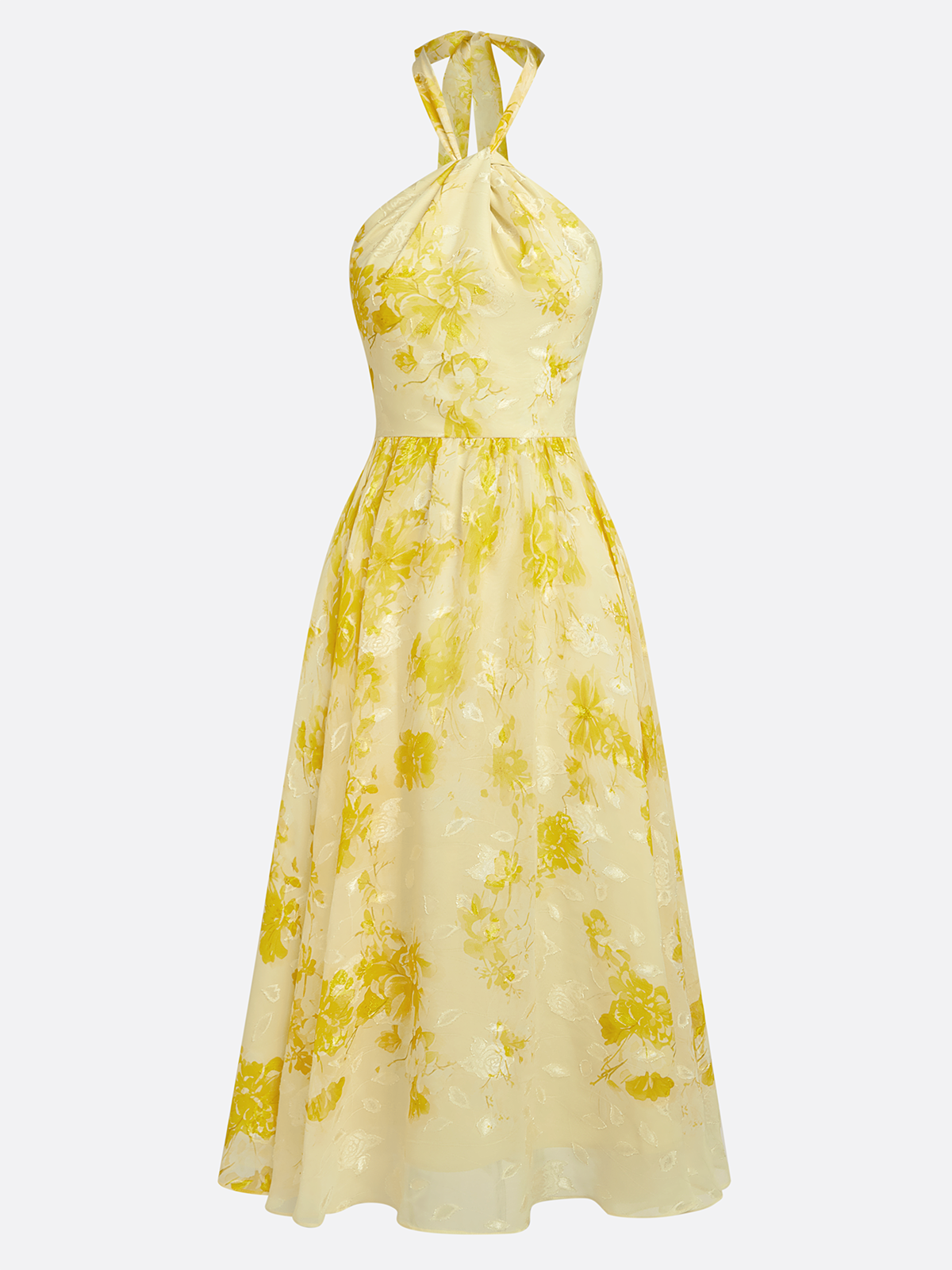 Yellow Floral Chiffon Halter Sleeveless A-Line Midi Dress