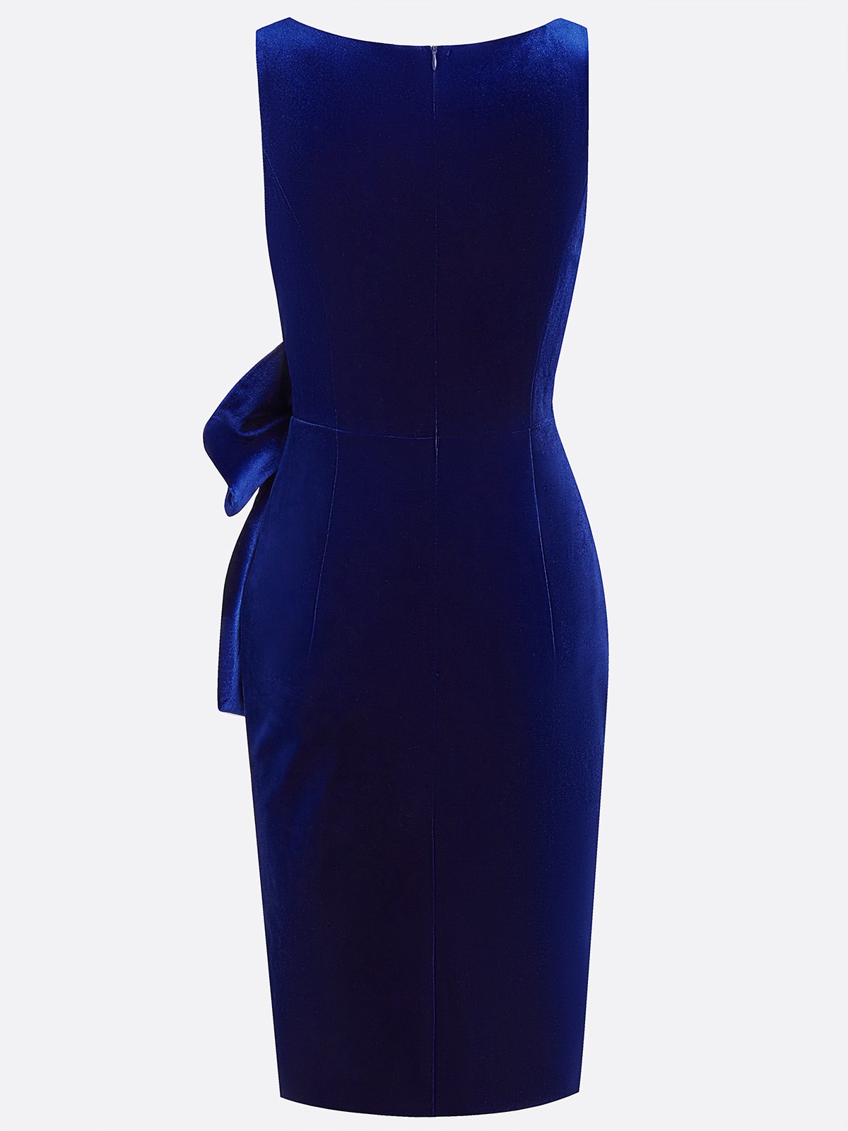 Blue Hot Drilling Bow Velvet Crew Neck Sleeveless Sheath Midi Dress
