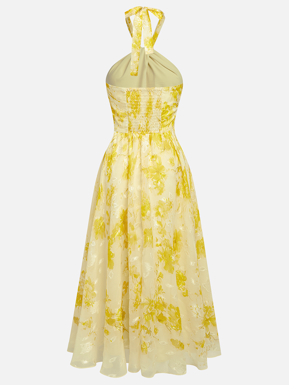 Yellow Floral Chiffon Halter Sleeveless A-Line Midi Dress