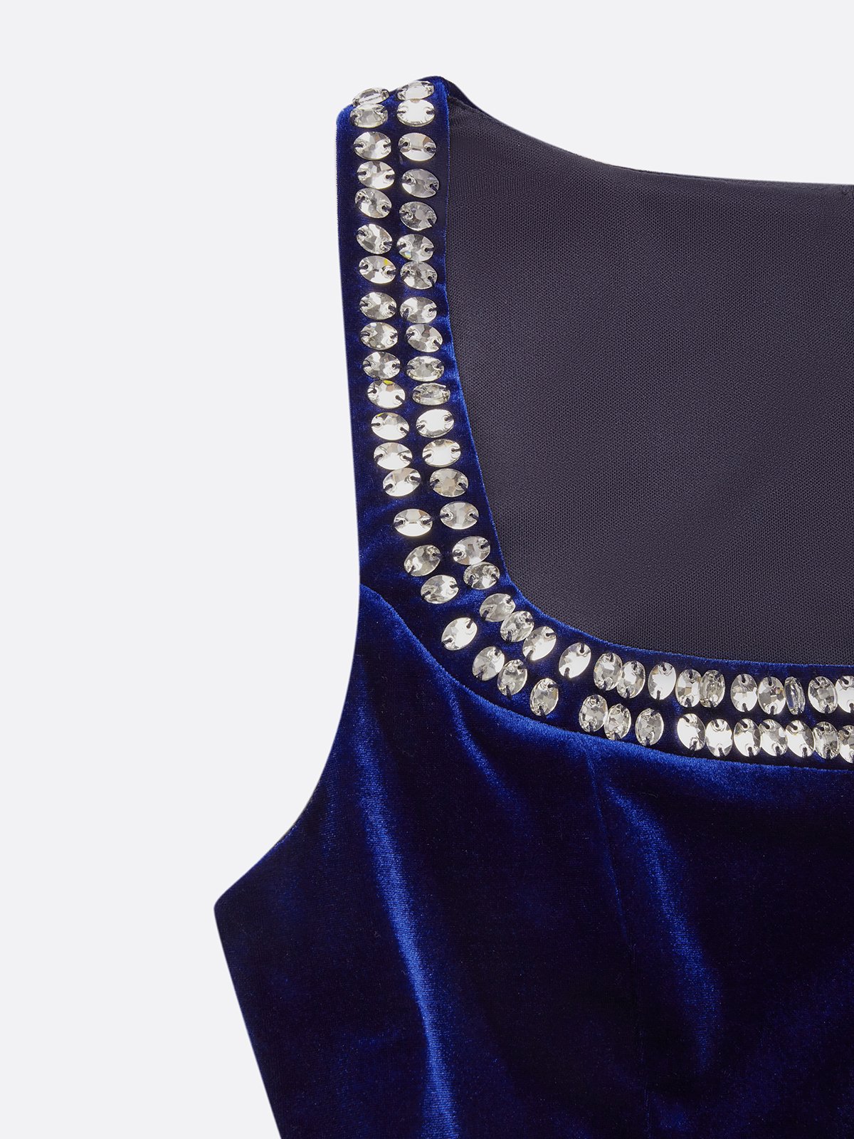 Blue Hot Drilling Bow Velvet Crew Neck Sleeveless Sheath Midi Dress