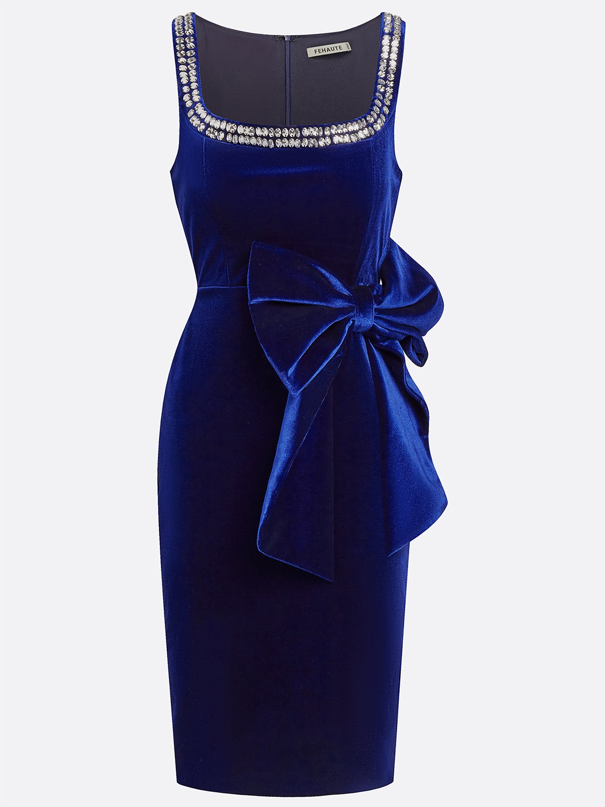 Blue Hot Drilling Bow Velvet Crew Neck Sleeveless Sheath Midi Dress