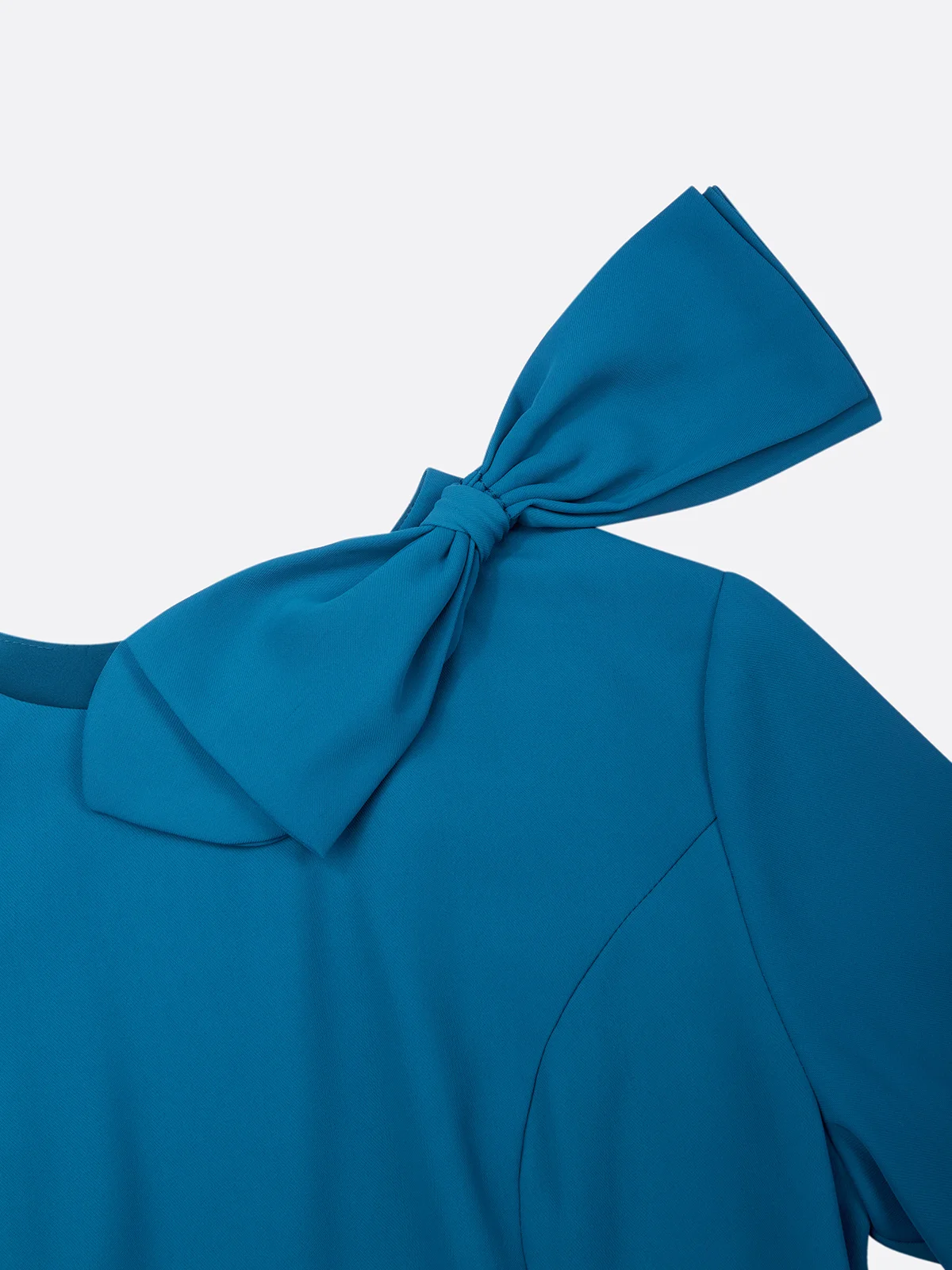 Cyan Bow Classic Crew Neck Half Sleeve Sheath Midi Dress