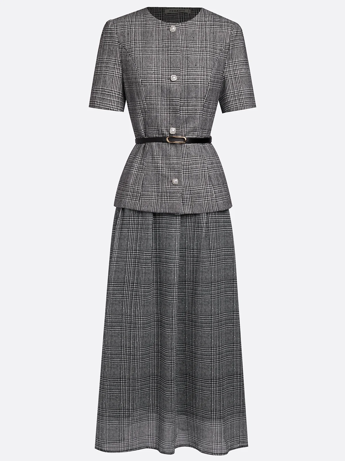 Women Gray Buckle Crew Neck Long Sleeve Dressy Coat With Skirt Two-Piece Set