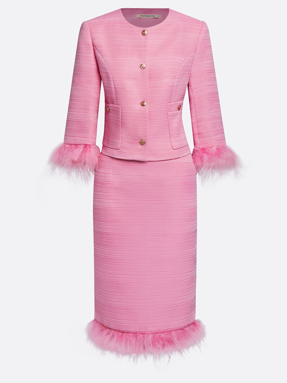 Women Rose Red Feather-trimmed Buckle Crew Neck Three Quarter Sleeve Dressy Coat With Skirt Two-Piece Set