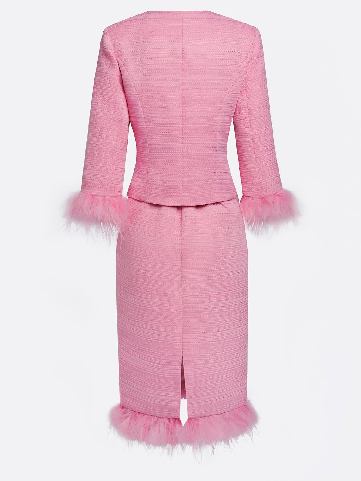 Women Rose Red Feather-trimmed Buckle Crew Neck Three Quarter Sleeve Dressy Coat With Skirt Two-Piece Set
