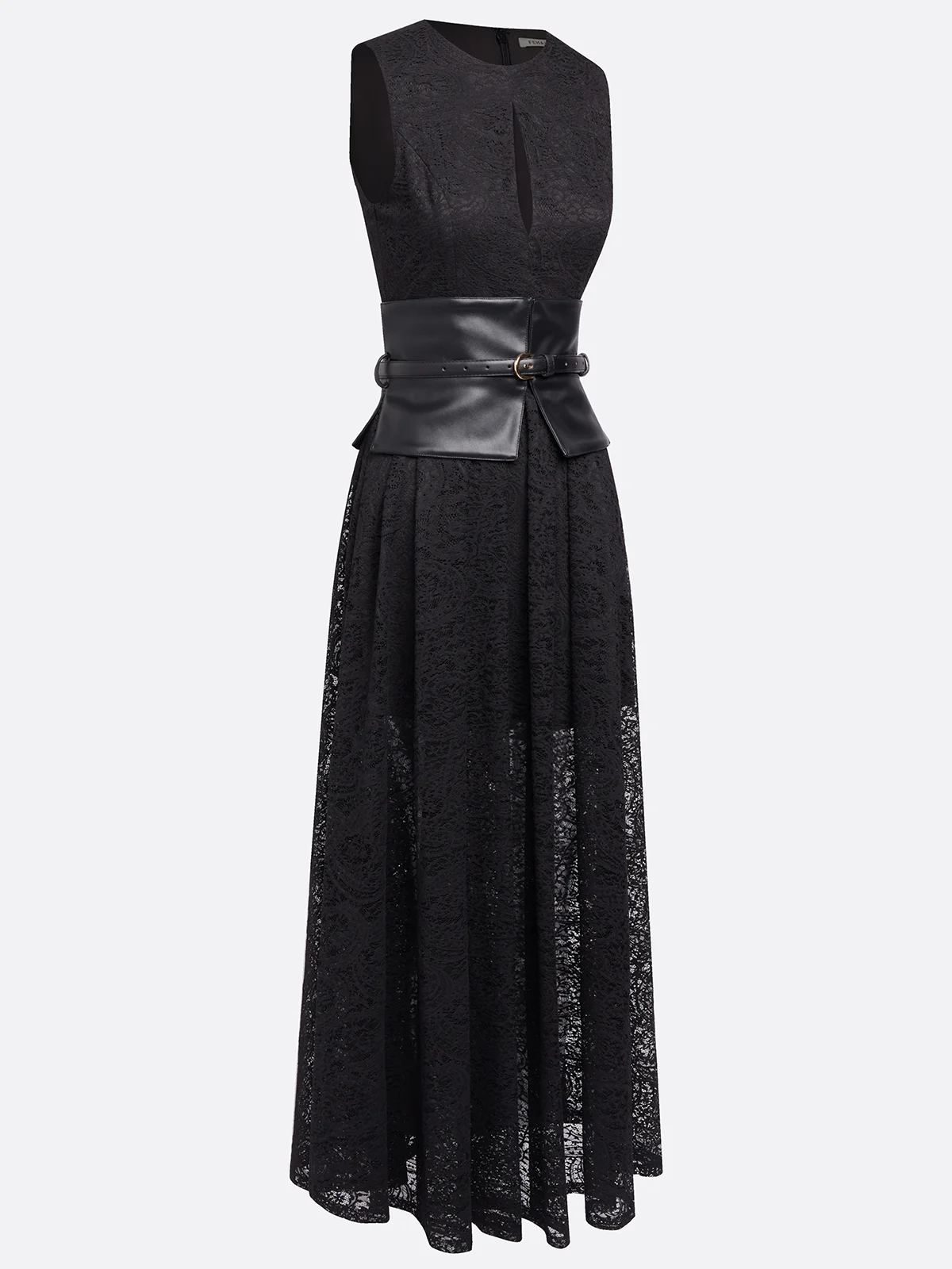 Black Lace Hollow Out Cotton Crew Neck Sleeveless A-Line Maxi Dress With Belt