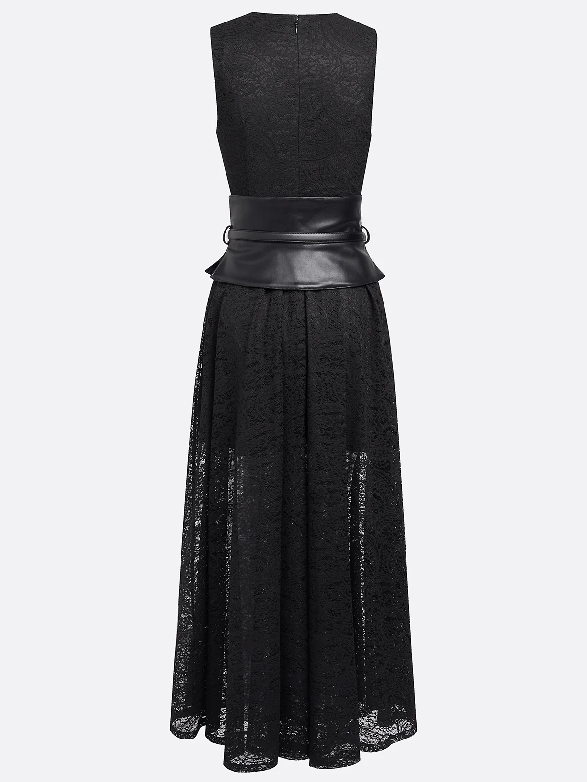 Black Lace Hollow Out Cotton Crew Neck Sleeveless A-Line Maxi Dress With Belt