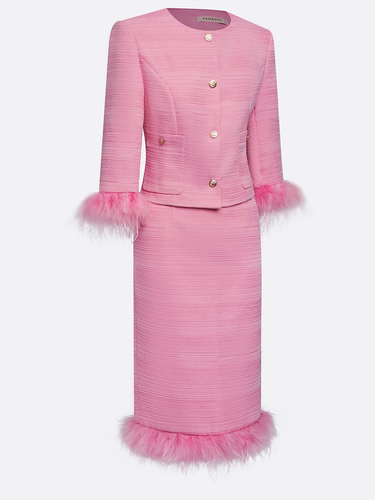 Women Rose Red Feather-trimmed Buckle Crew Neck Three Quarter Sleeve Dressy Coat With Skirt Two-Piece Set