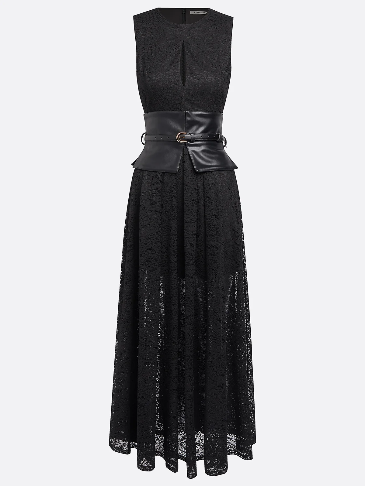 Black Lace Hollow Out Cotton Crew Neck Sleeveless A-Line Maxi Dress With Belt