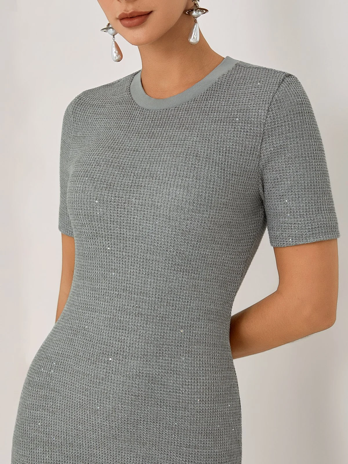 Gray Asymmetric Knit Crew Neck Half Sleeve Mermaid Midi Dress