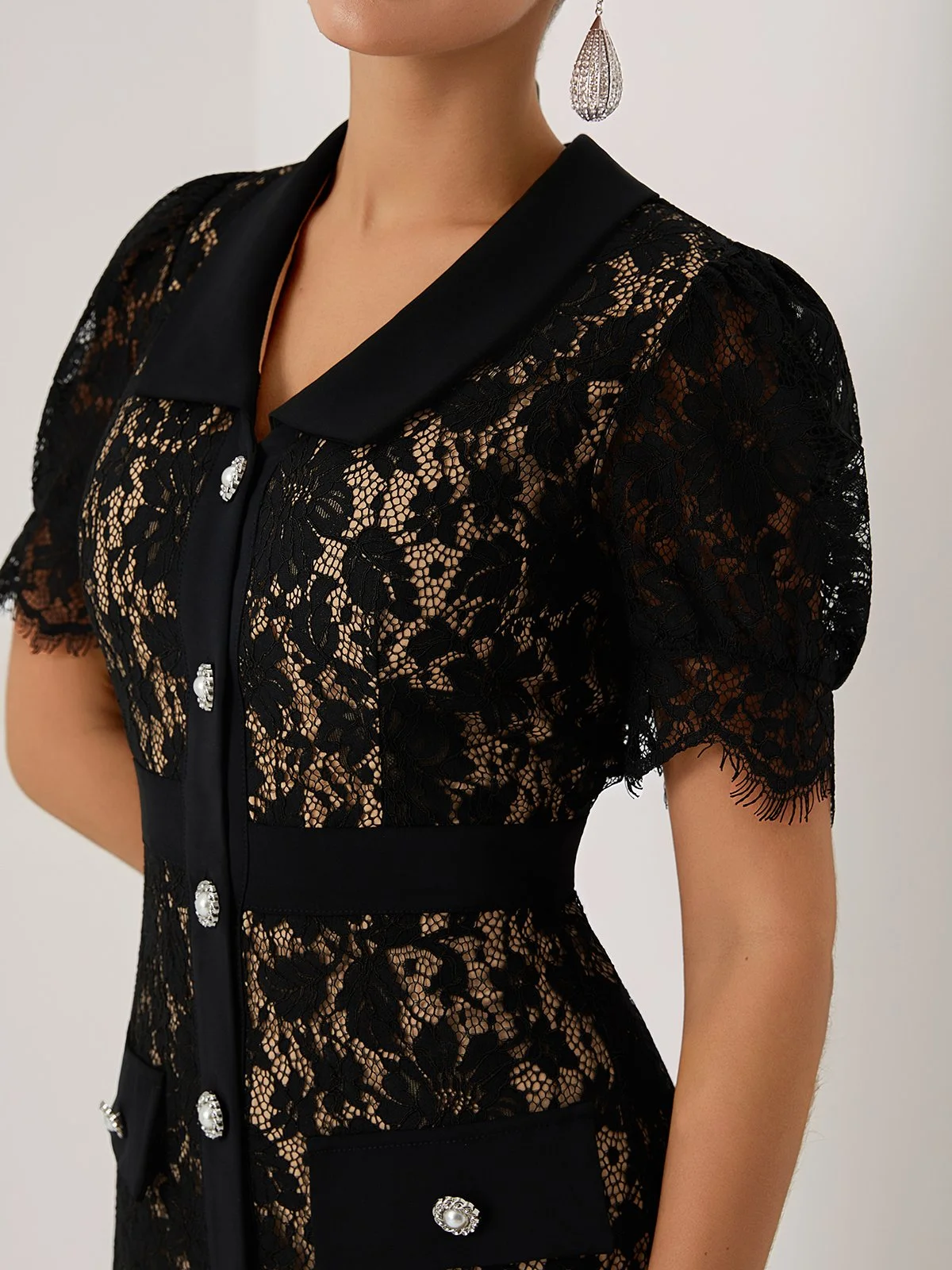 Black Buckle Lace Shawl Collar Short Sleeve Puff Sleeve Sheath Midi Dress