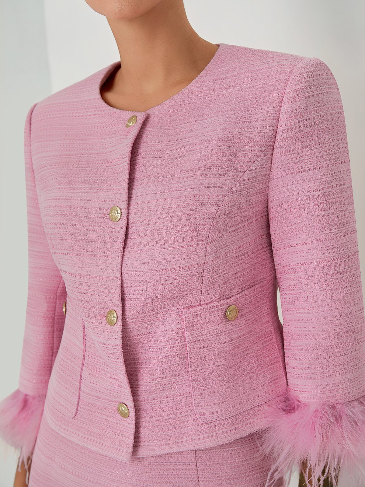 Women Rose Red Feather-trimmed Buckle Crew Neck Three Quarter Sleeve Dressy Coat With Skirt Two-Piece Set