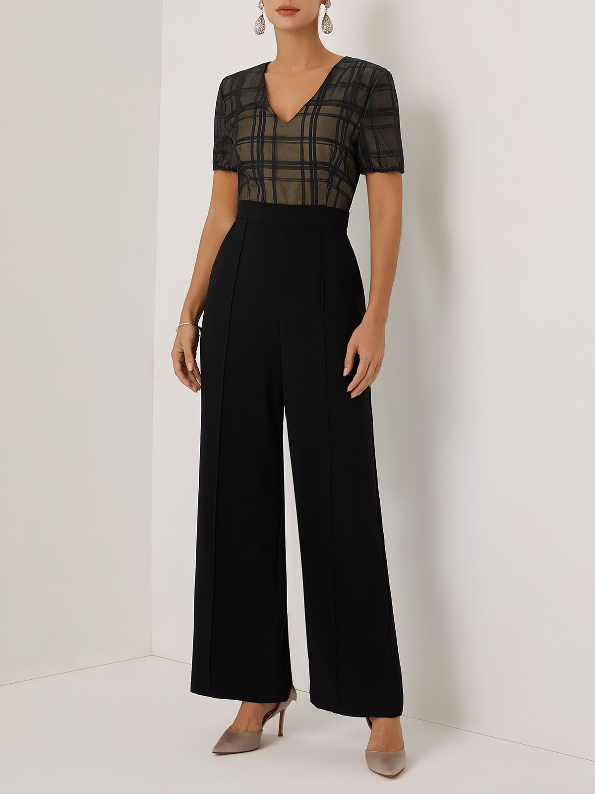 Women Black V Neck Short Sleeve Dressy Jumpsuit